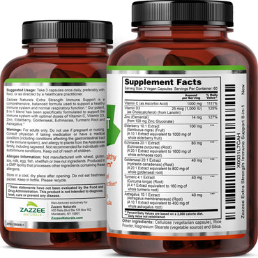 Zazzee Extra Strength 8-in-1 Immune Support, 1400 mg per Capsule, 180 Vegan Capsules, 1000 mg Vitamin C, 1000 IU D3, Zinc, Elderberry, Echinacea, Goldenseal, Turmeric, Astragalus, Made in The USA