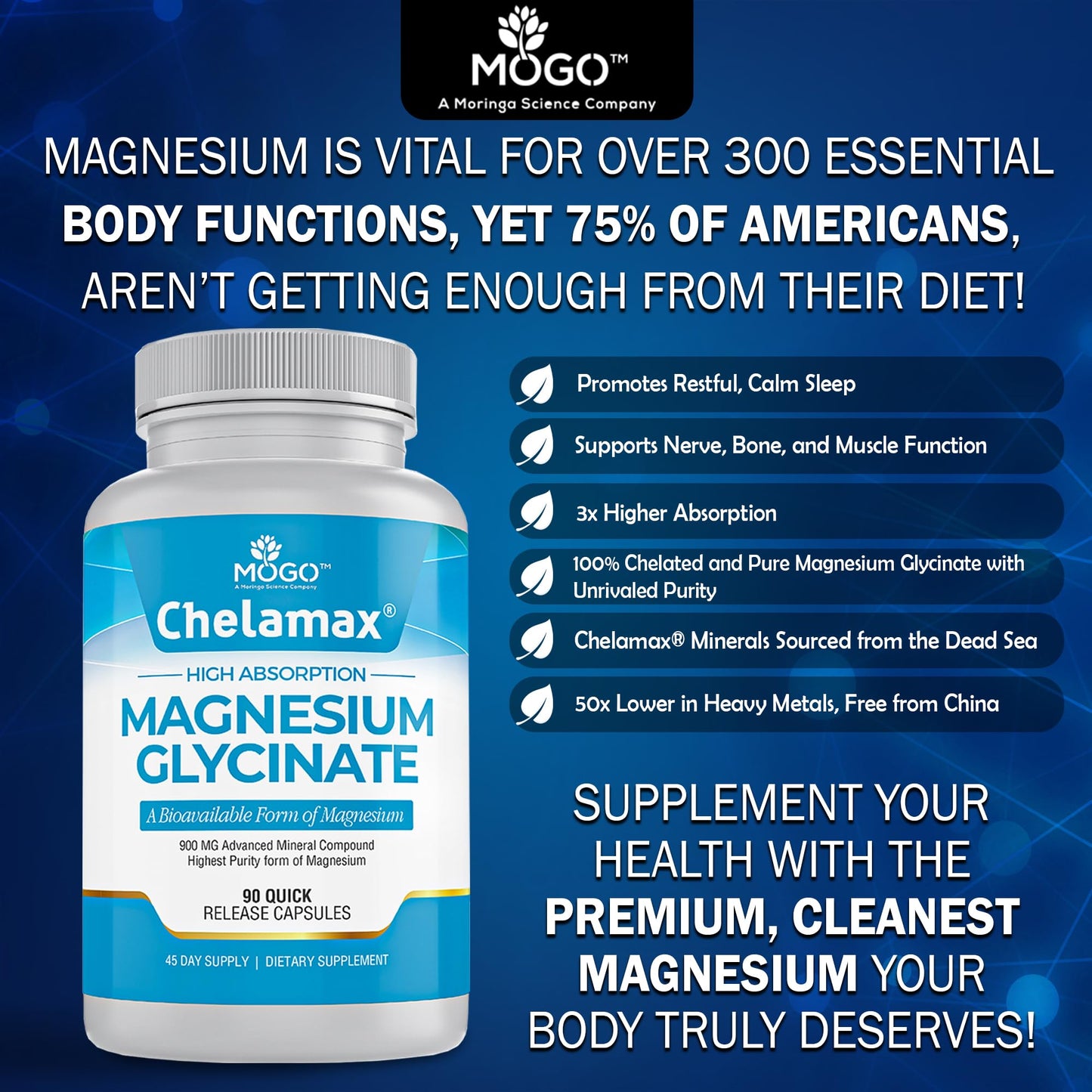 Chelamax Magnesium Glycinate.Dead Sea Sourced, 100% Chelated Magnesium for Sleep Support, Muscle Cramps, Bone Health. Made in USA, 3rd Party Tested,Heavy Metal Free,Glicinato de Magnesio Capsules.