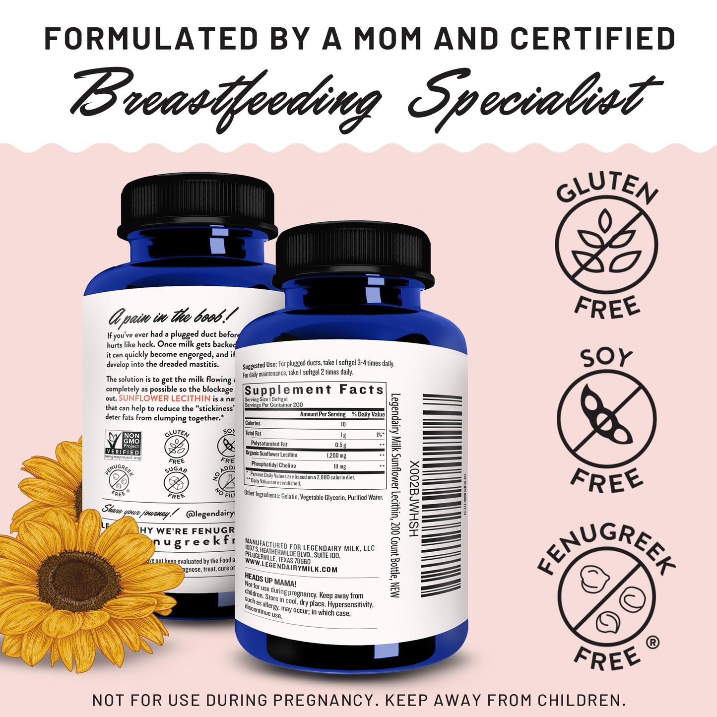 Legendairy Milk Sunflower Lecithin 1200mg, Lactation Support, Sunflower Lecithin Supplement for Clogged Milk Ducts, Made in USA