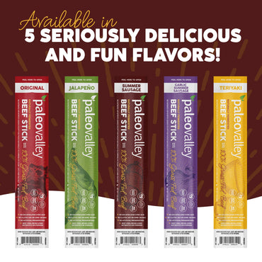Paleovalley 100% Grass Fed Summer Sausage Beef Sticks - Delicious Gluten Free Beef Snack - High Protein Keto Friendly