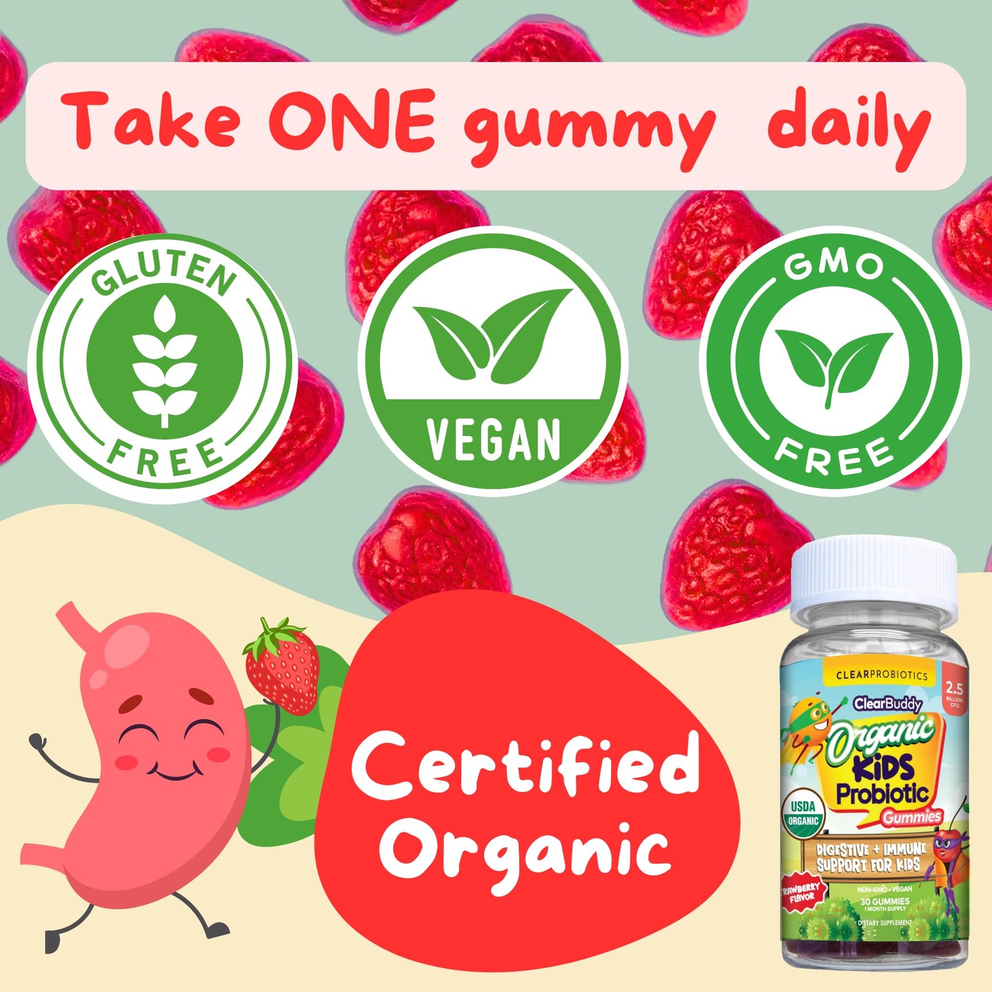 Kids Probiotics Gummies – Daycare Formulated Immunity Gummies - Immune System Boost & Improved Regularity - Plant-based Organic, 2.5 Billion CFU - DE111 Bacillus Subtilis - Strawberry – 1 Month Supply