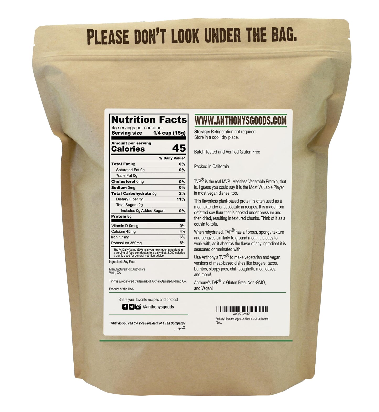 Anthony's Textured Vegetable Protein, TVP, 1.5 lb, Gluten Free, Vegan, Made in USA, Unflavored