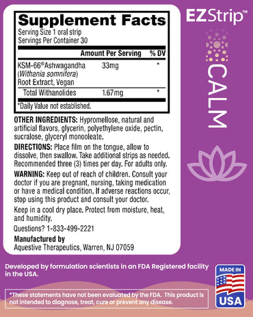 EZStrip Calm Supplement - Honey Lemon Flavor, 30 Count - Dissolving Calming Strips with Ashwagandha KSM 66 Help Support Stress Relief - Made in The USA, Sugar and Gluten-Free
