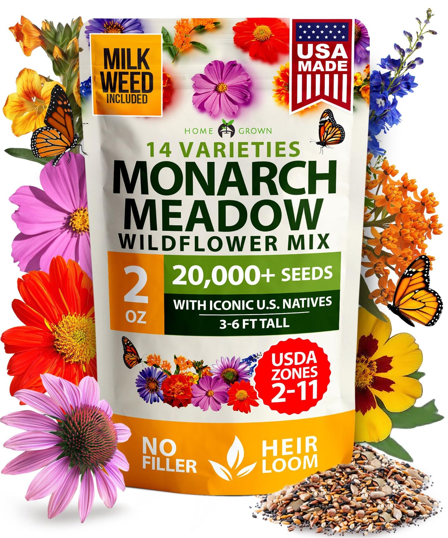 HOME GROWN Monarch Butterfly Wildflower Seeds Mix (2oz) 20000+ π‘π’π‘-ππ π’ π¨π¦π Milkweed Seeds for Monarch Butterflies, Bulk Perennial Wildflowers, Annual Flowers for Pollinator Gardens