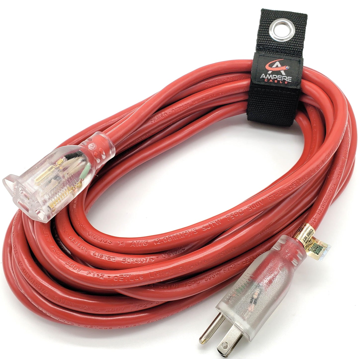 25 ft - 14 Gauge Extension Cord Outdoor - Made in USA - Lighted on Both Ends - Red Outdoor Extension Cord Waterproof by Anthem Cable - Heavy Duty Extension Cord