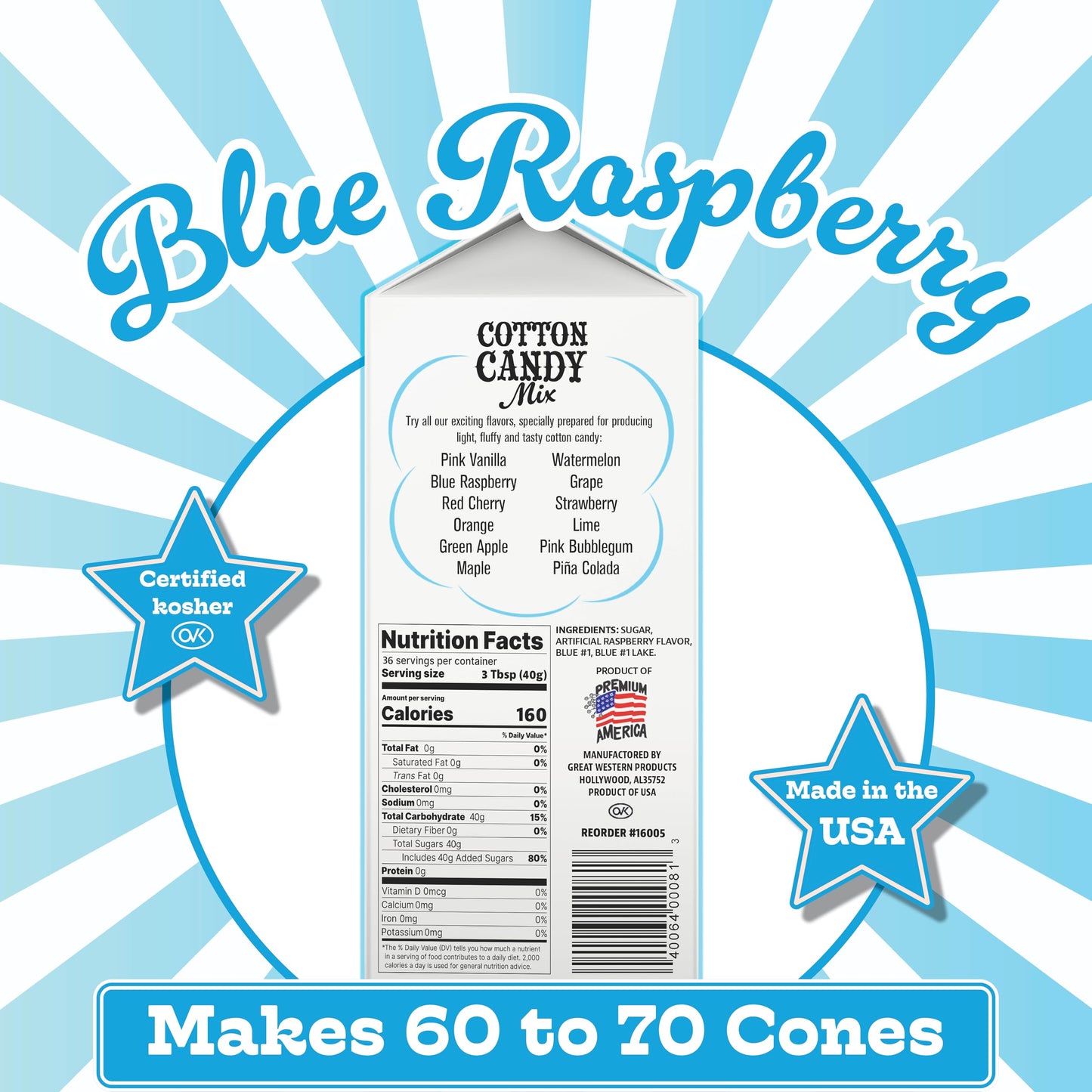 Premium America Blue Raspberry Cotton Candy Floss Sugar Carnival-Style Fluffy Fun, Pre-Mixed & Ready to Use for Parties, Events & Festivals 3.25 lb Cartons Case of 3