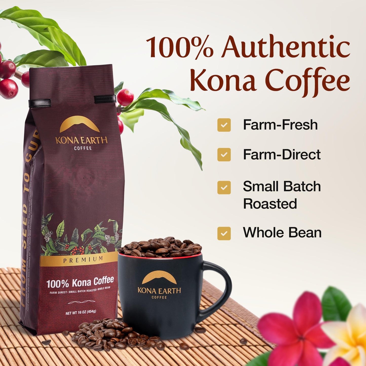 KONA EARTH - Premium, 100% Kona Coffee, Dark Roast, Farm-Fresh Whole Coffee Beans, Micro-Batch-Roasted, 1 lb., Pack of 1