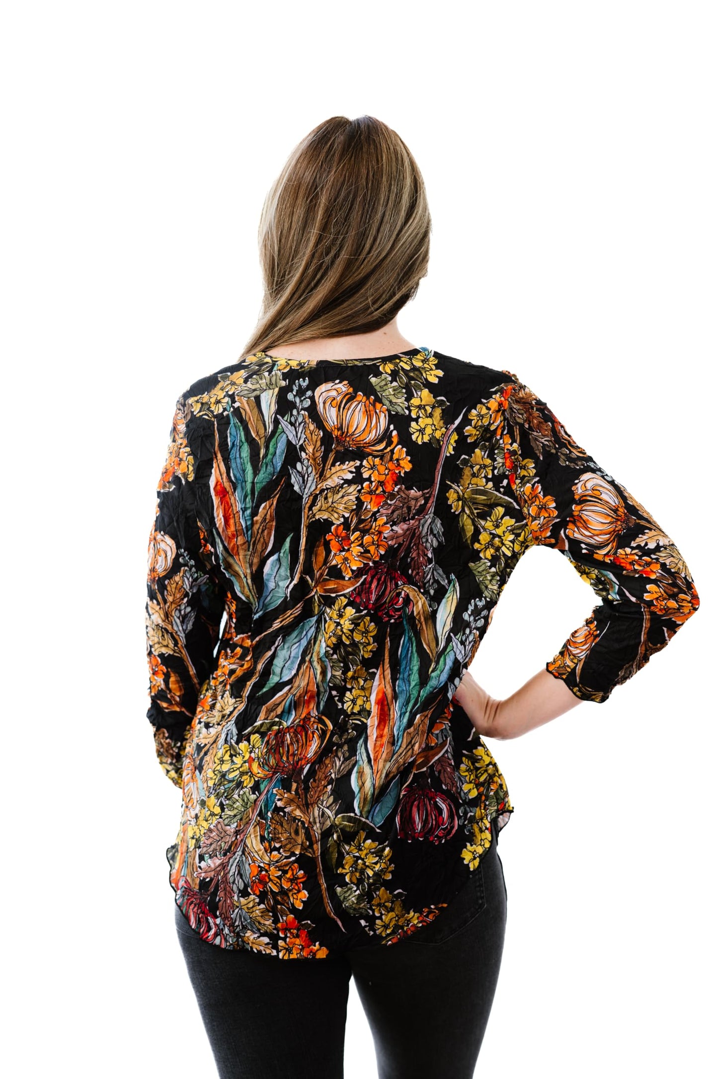 SNO SKINS Fall/Winter Collection Designer Print Crinkle V-Neck Top with Rouched Detail (Mums)