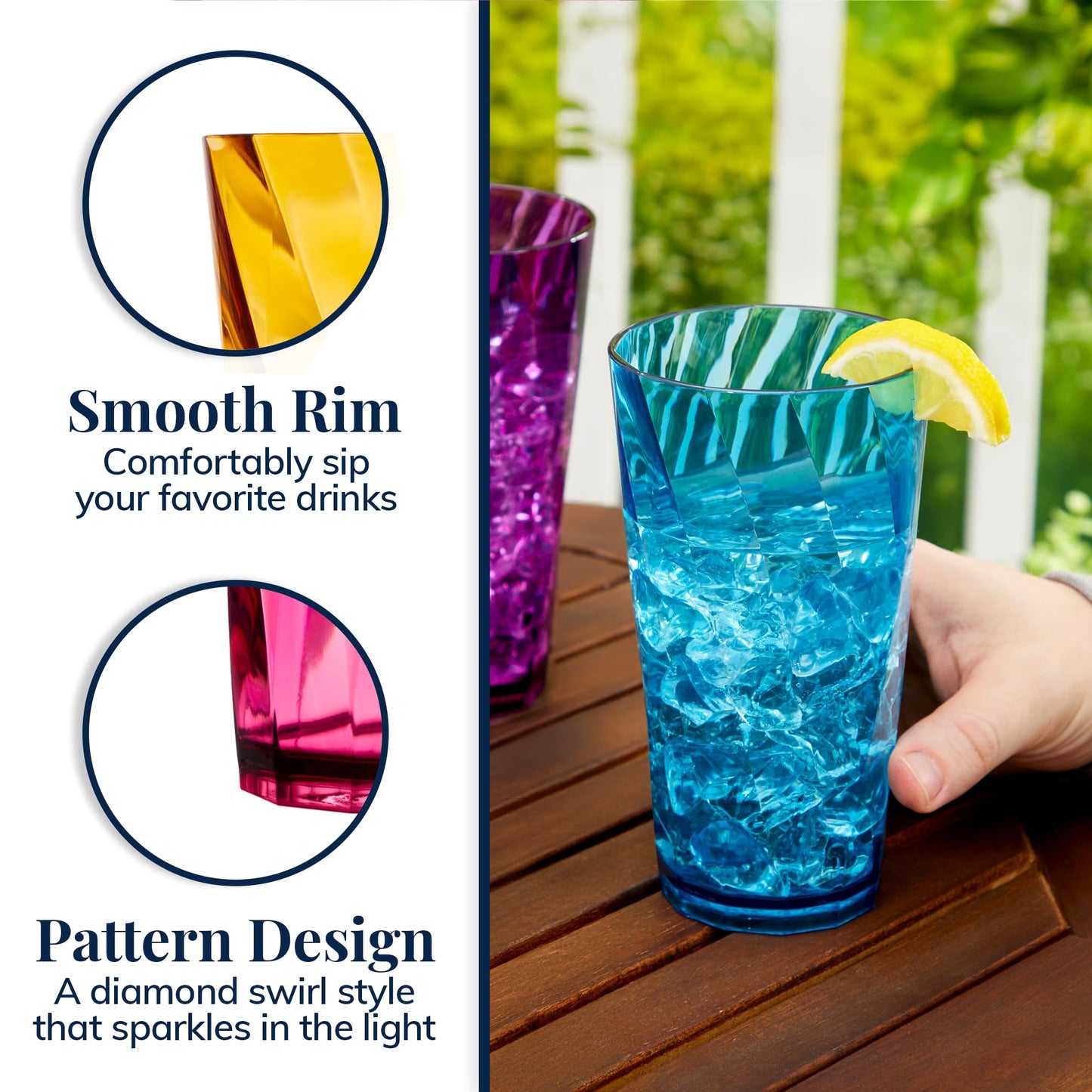 US Acrylic Optix Plastic Reusable Drinking Glasses (Set of 8) 20oz Water Cups in Jewel Tone Colors | BPA-Free Tumblers, Made in USA | Top-Rack Dishwasher Safe