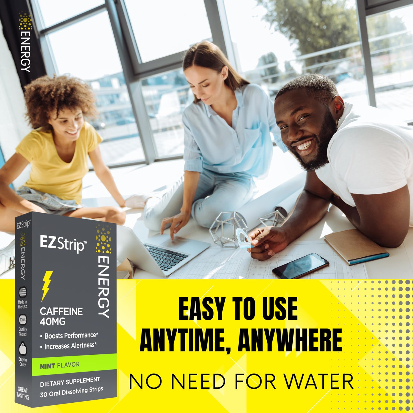 EZStrip Energy Supplements - Mint Flavor, 30 Count - Dissolving Strips with 40mg Caffeine to Help Energize Your Day and Boost Performance - Made in The USA, Sugar and Gluten-Free