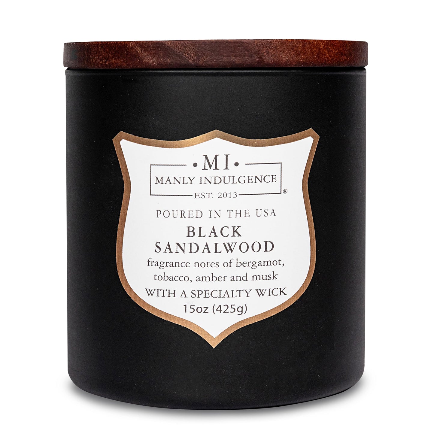 Manly Indulgence Black Sandalwood Scented Candle for Men 15 oz – Bergamot, Tobacco, Amber & Musk - Wood Wick - Up to 60 Hours Burn - Soy Blend Wax, USA Poured – Signature Collection
