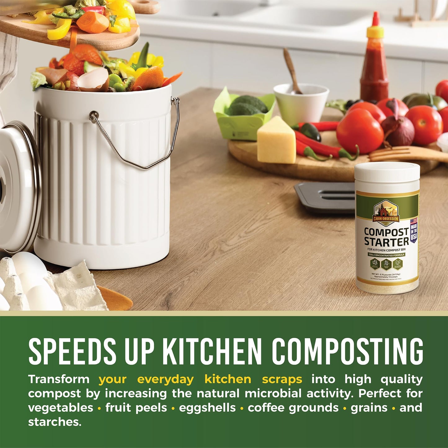 Compost Starter - 100x Concentrated All Natural Compost Accelerator for Countertop Kitchen Bin - Odor-Free, Fast-Acting Microbial Formula - Approximately 73 Scoops
