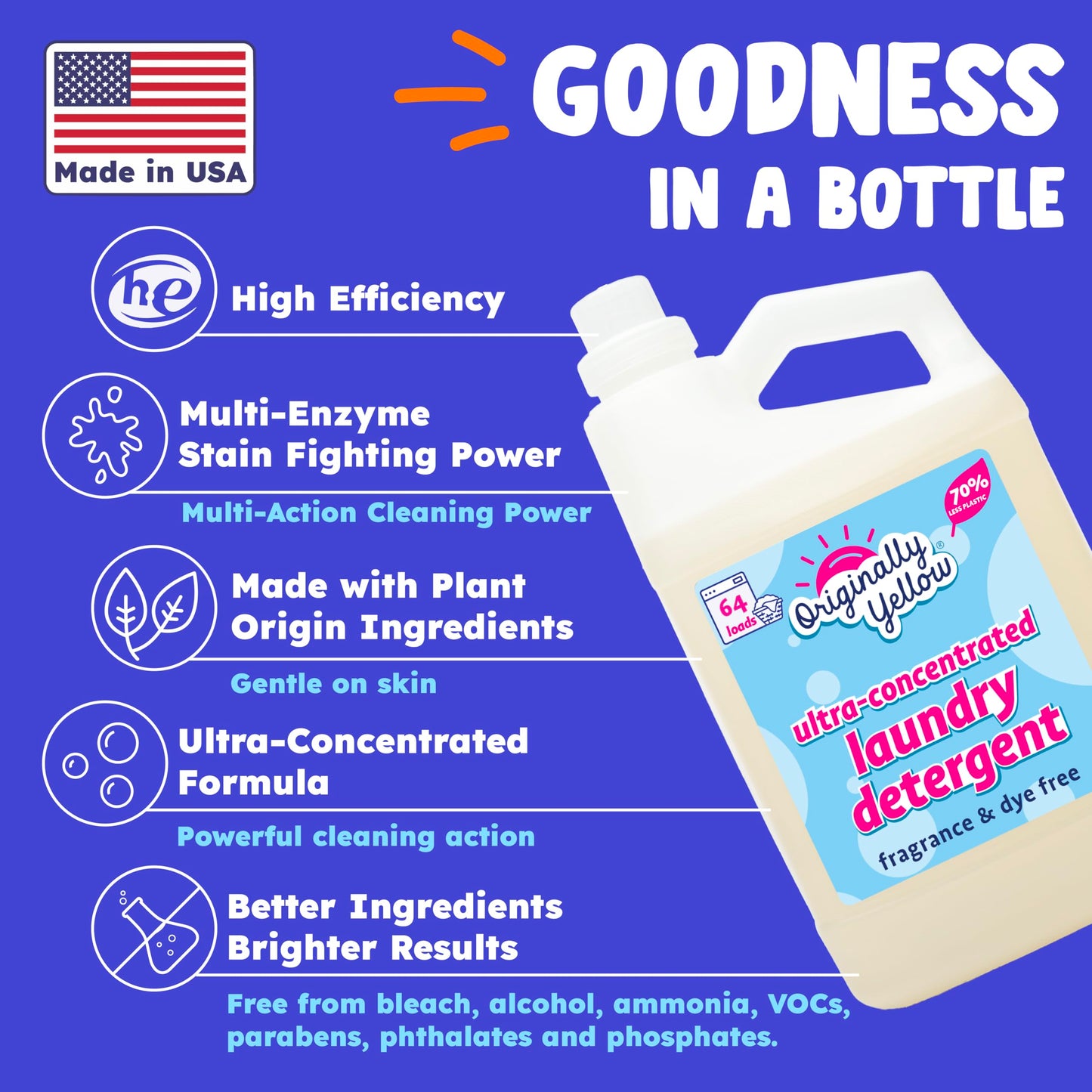 Originally Yellow Natural Unscented Laundry Detergent | Made In USA Natural Laundry Detergent | Stain Removing & Gentle on Sensitive Skin | High-Efficiency for Clean Laundry | up to 128 Loads