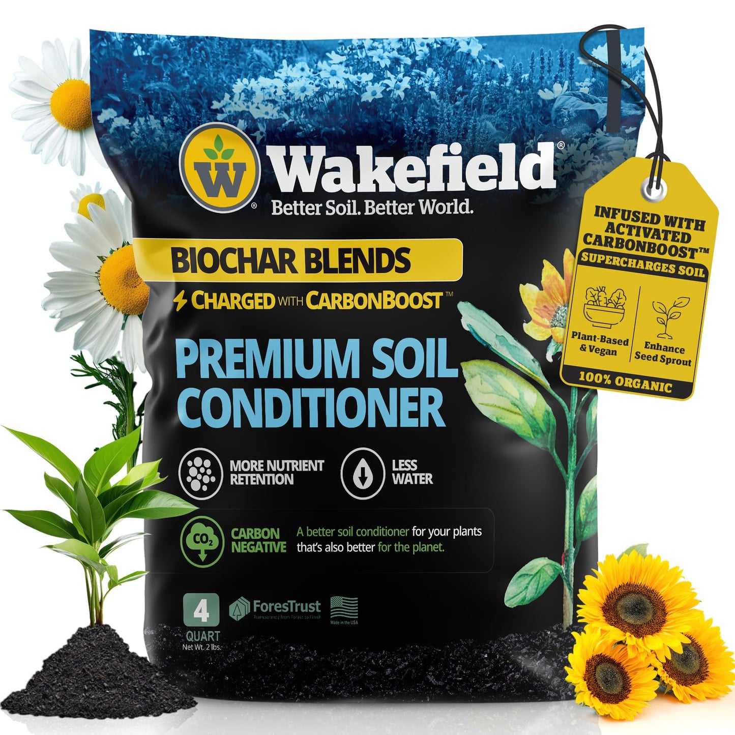 Wakefield Premium Indoor Potting Soil - Professional Biochar & Probiotics with CarbonBoost Technology - Ultimate Organic Potting Mix for Indoor & Outdoor Plants, Succulents & House Plants - 4Quarts