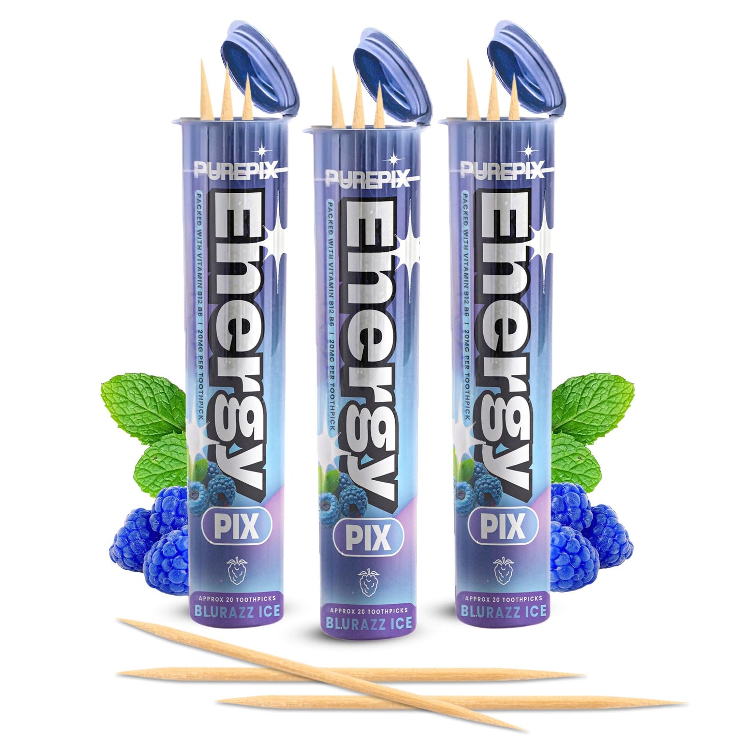 Caffeinated Flavored Toothpicks for Energy & Focus | Sugar-Free Energy Toothpicks with Vitamin B12 & L-Theanine | Kosher, Vegan, 20 Coun (BlueRazz Ice 3 Pack)