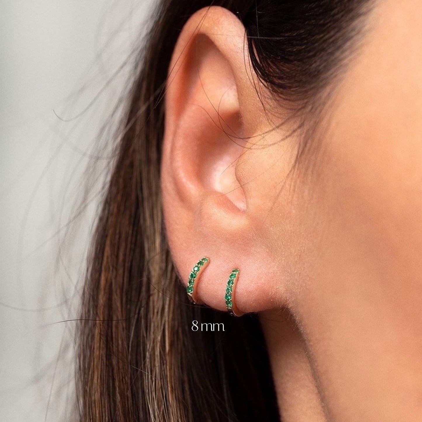 Sterling Silver Emerald Cubic Zirconia Paved Huggie Hoop Earrings Nickel Free Lead Free Made In USA (8mm Inner Diameter, Real 18K Gold Plated)
