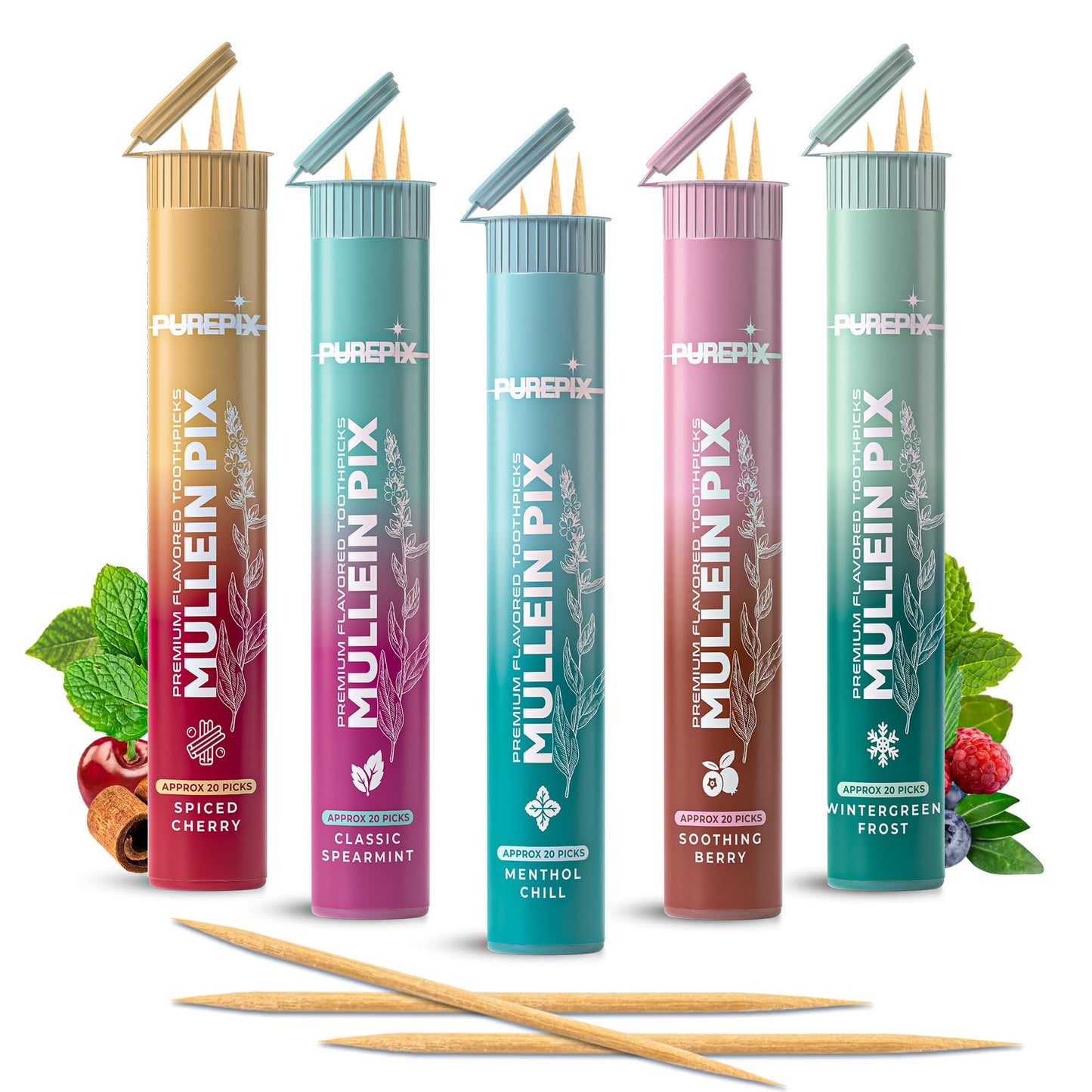 Mullein Pix, Extra Thick Flavored Toothpicks Infused with Mullein Leaf, Natural Quit Smoking Alternative, Lung Cleanse Support, Nicotine Free, Kosher Vegan, Made in The USA, (5 Variety Pack)