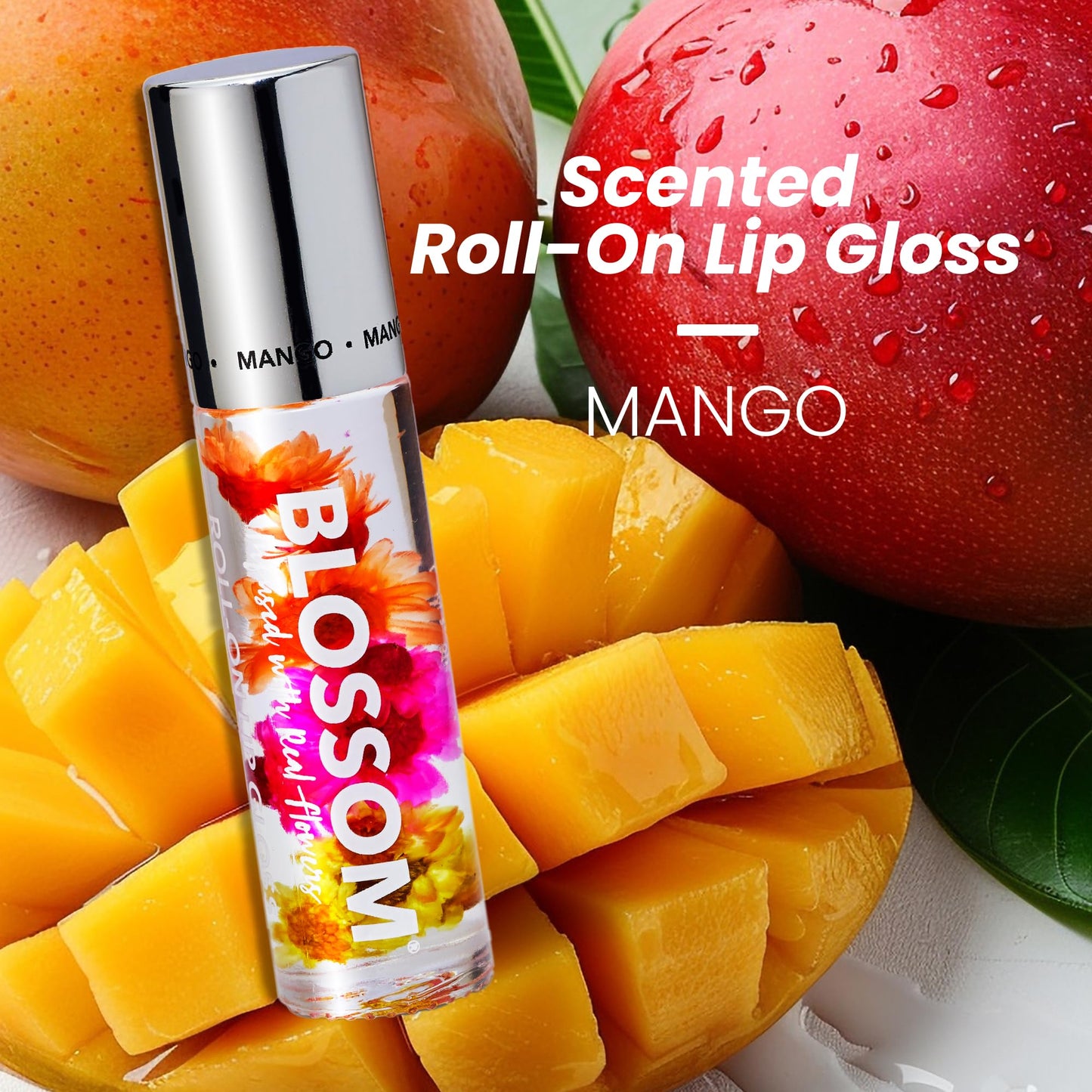 Blossom Roll on Lip Gloss, Scented Clear High Shine Moisturizing Lip Oil, Non Sticky, Infused with Real Flowers, Made in USA, 0.2oz, Mango