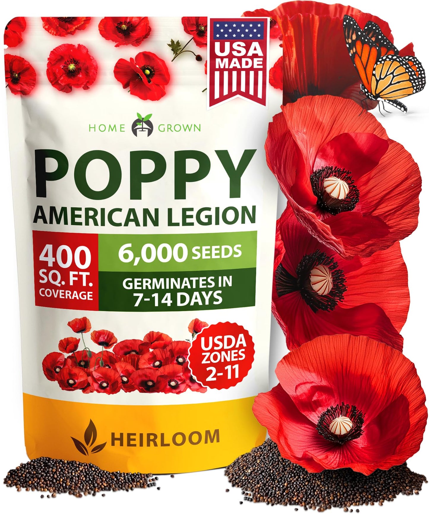 HOME GROWN American Legion Red Poppy Seeds - 6,000 Vibrant Wildflower Seeds for Planting Outdoors - Perennial Poppy Flowers - Memorial Garden & Pollinator Friendly (Papaver rhoeas)