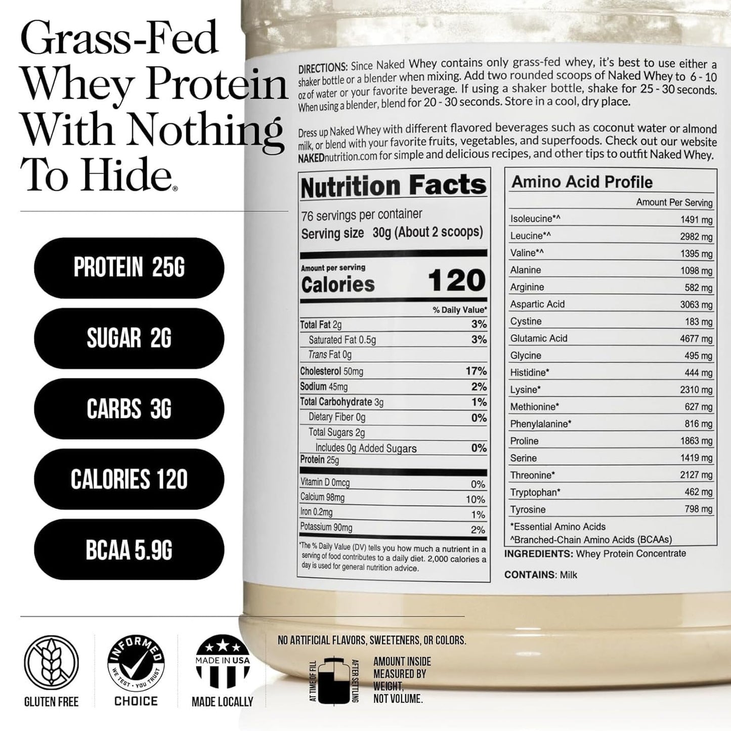 NAKED WHEY 5LB 100% Grass Fed Whey Protein Powder - Only 1 Ingredient, Undenatured - No GMO, Soy or Gluten - No Preservatives - Promote Muscle Growth and Recovery - 76 Servings