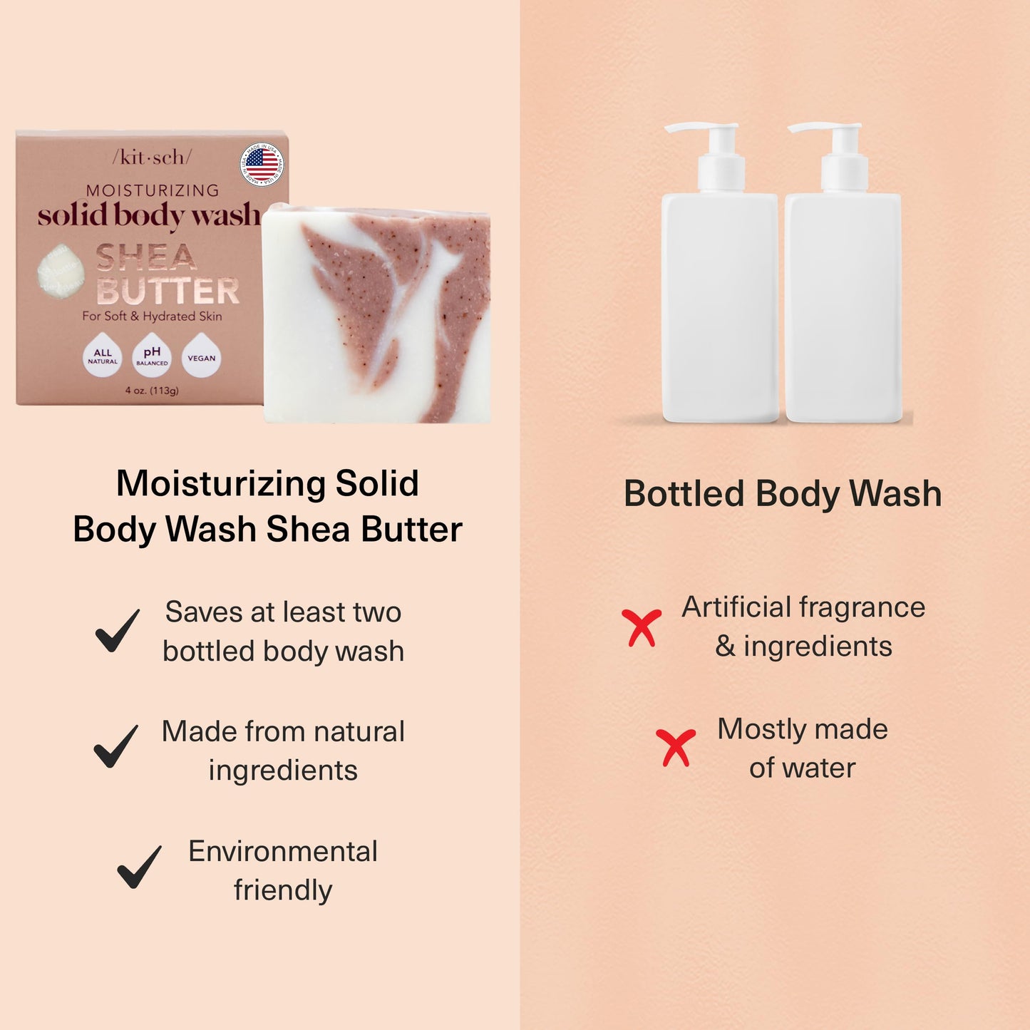 Kitsch Shea Butter Exfoliating Body Wash Bar – Moisturizing Bar Soap & Gentle Soap Bar with Plant-Based Exfoliants – Hydrates, Softens & Soothes Skin –Paraben, Silicone & Sulfate-Free - 4 oz