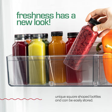 DECADORN 12 oz Plastic Juice Bottles With Caps - MADE IN USA Juicing Bottles Reusable - Juice Container For Fridge - Shatterproof, BPA-Free, Leak proof, Disposable & Recyclable