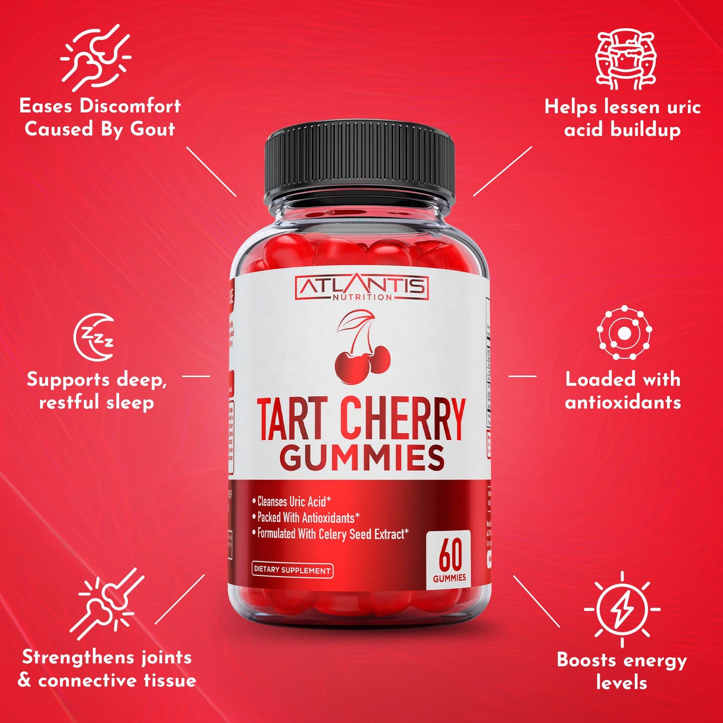 Atlantis Nutrition Tart Cherry Gummies with Celery Seed Extract - Advanced Uric Acid Cleanse for Immediate Gout Relief, Joint Relief & Recovery | Powerful Antioxidant with Joint Support - 60 Gummies