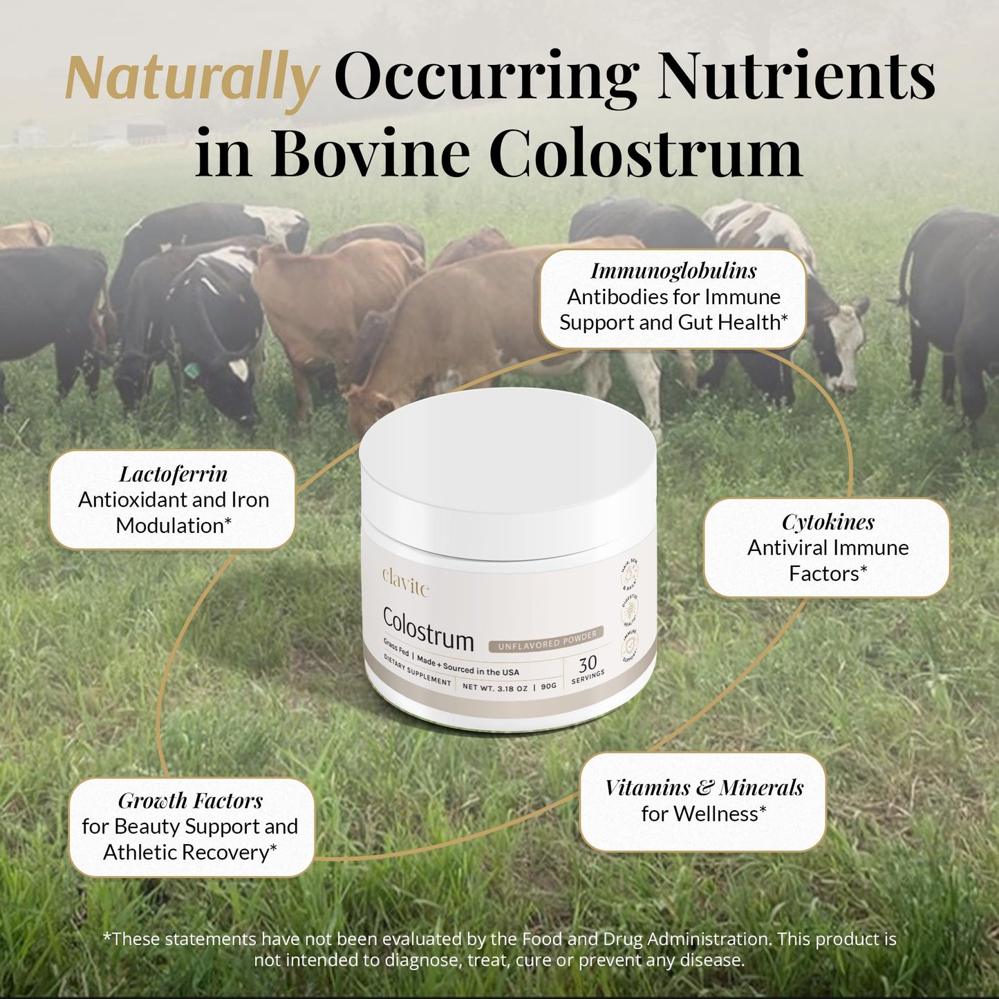 Elavite Bovine Colostrum Powder (Unflavored) Grass Fed Colostrum Supplement for Gut Health, Immune Support Healthy Hair, Skin & Nails - 30 Servings