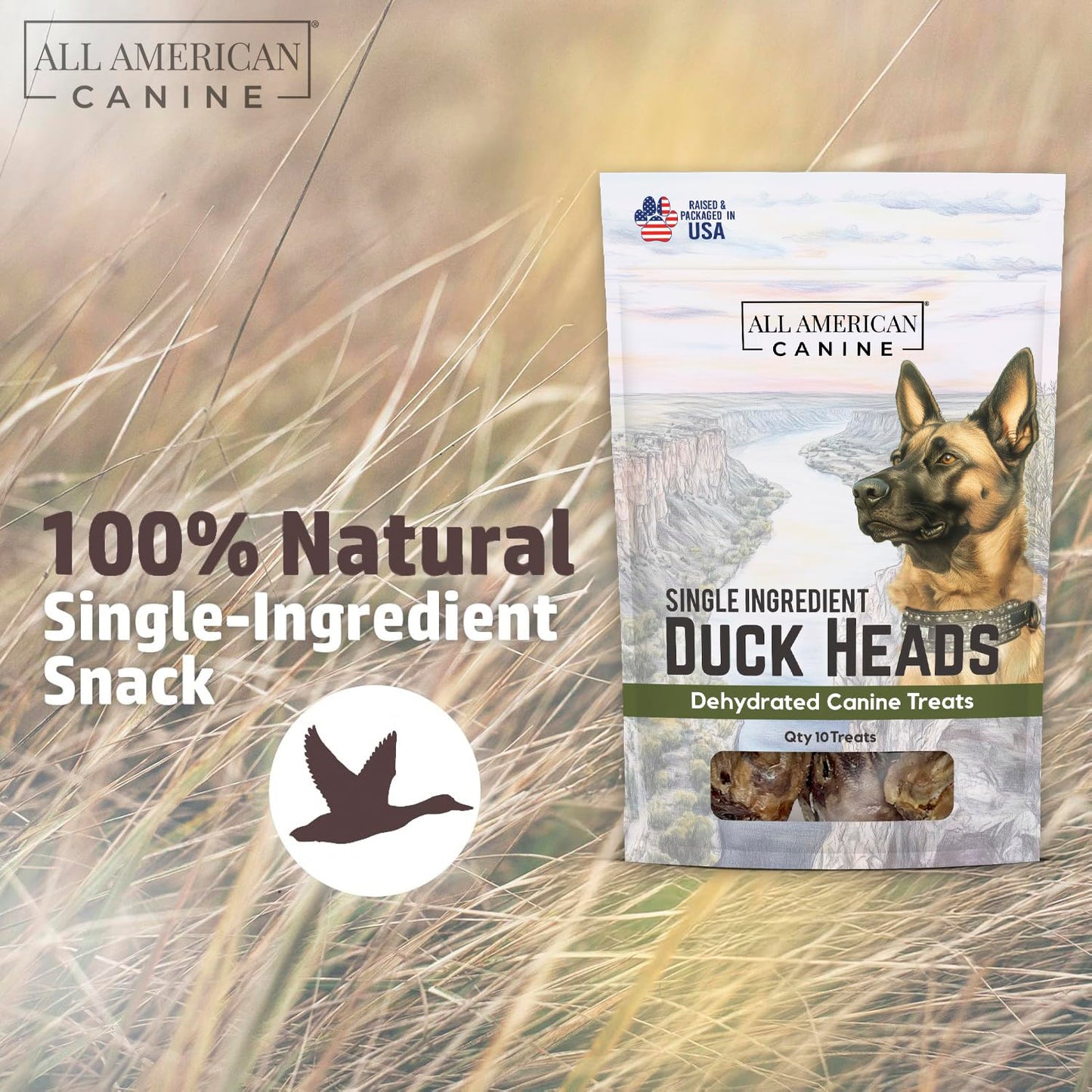 All American Canine 10 Natural Duck Head Dog Treats – Single Ingredient, Dehydrated & Digestible – Low-Fat, High-Protein Chew for Training & Dental Health – Made in USA