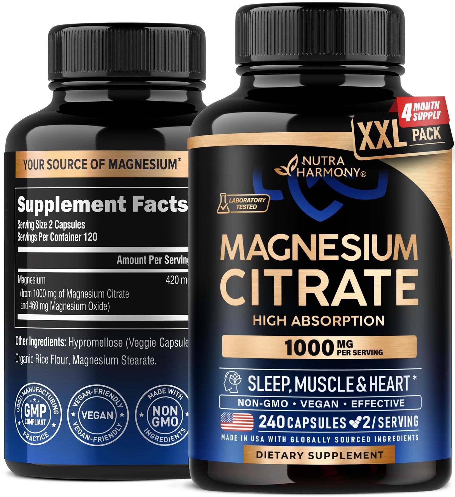 Magnesium Citrate Capsules 1000mg | High Absorption Supplement - Sleep, Muscle & Heart Support - Vegan | Non-GMO - Made in USA - As Powder | Pills | Tablets - 240 Capsules, 4 Month Supply