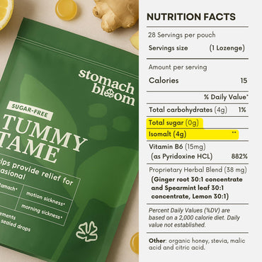 Stomach Bloom Sugar Free Tummy Tame Drops - 3X Better Absorption | Fast-Acting Pregnancy Nausea Relief & Morning Sickness Relief | Ginger, Lemon, Spearmint & B6. Individually Sealed Drops, 28 Ct