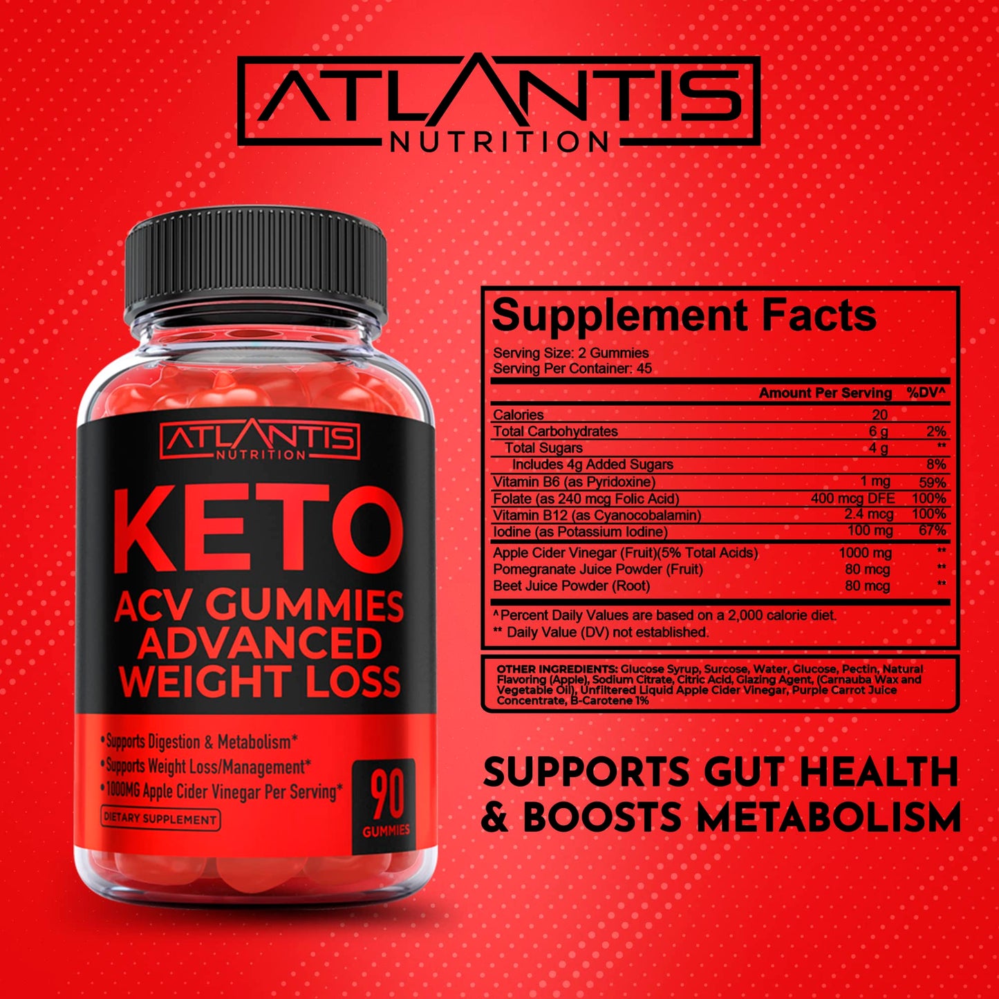 Atlantis Nutrition Keto ACV Gummies for Weight Loss - Supports Digestion, Weight Loss, Detox & Cleansing - Apple Cider Vinegar Gummies Formulated with 1000MG ACV Per Serving - 90 Count