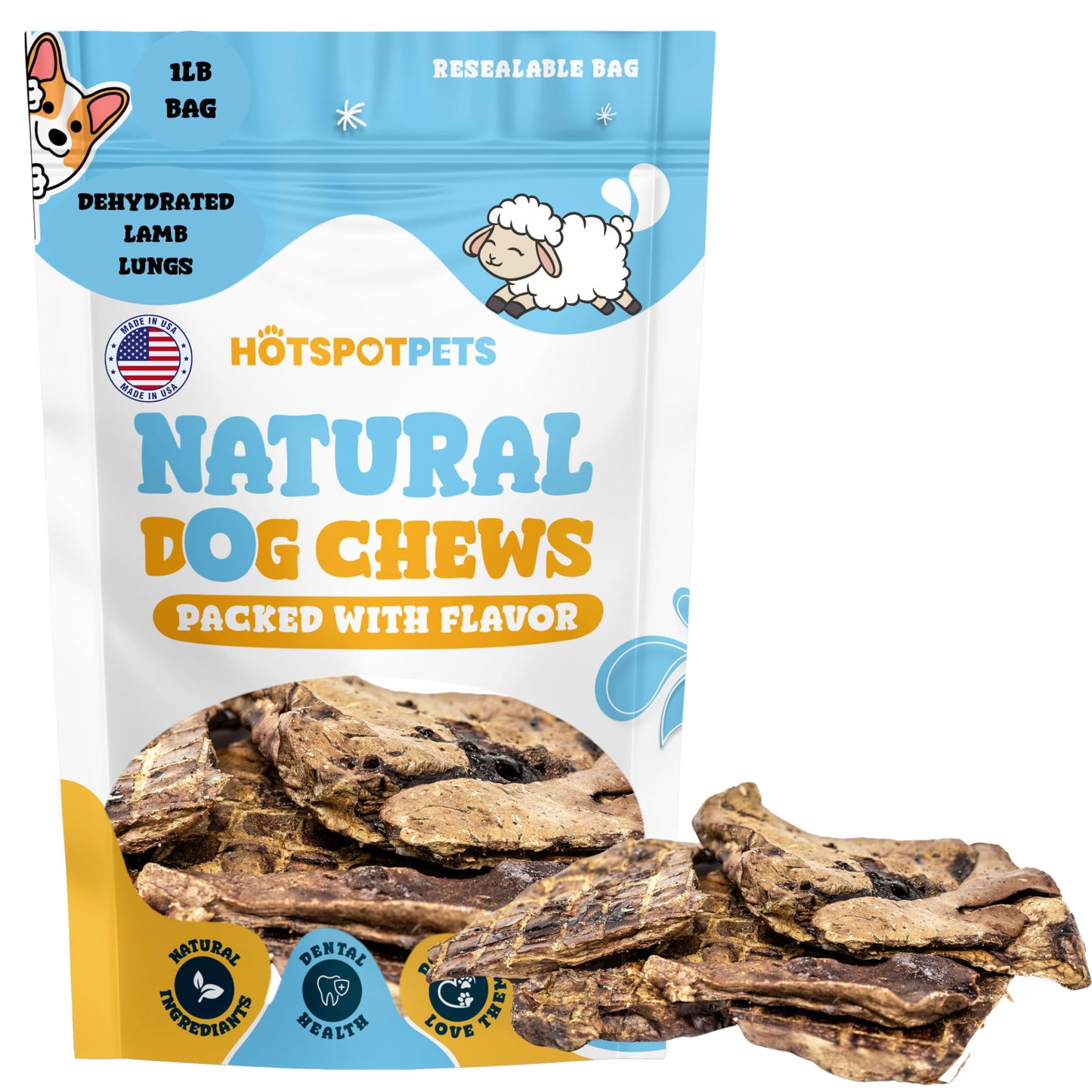 Hotspot Pets Premium Raw Single Ingredient Lamb Lung Dog Treats - 1lb Big Bag All-Natural, Made in USA - High Protein, Low Fat -Dehydrated for Freshness - A Rawhide Alternative for All Dogs