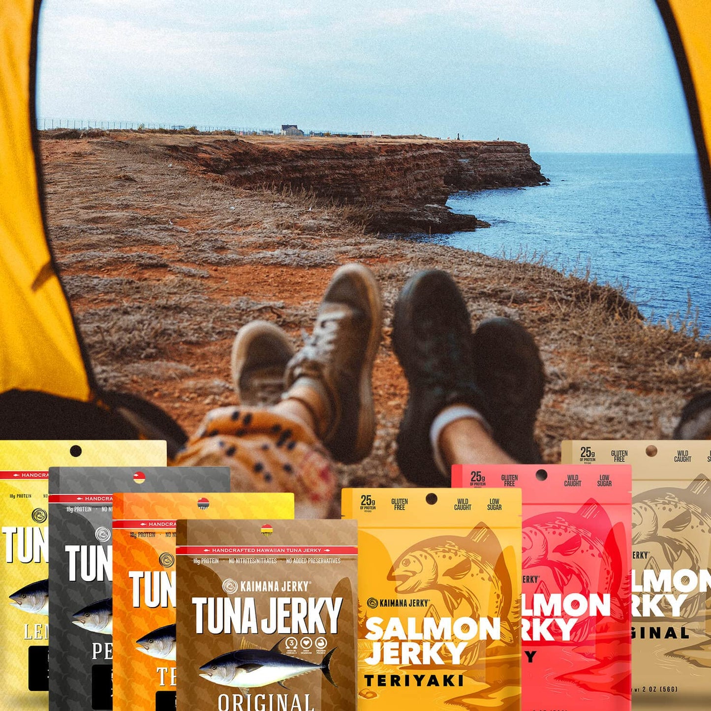 Kaimana Jerky Ahi Tuna & Salmon Sampler Pack - All Natural & Wild Caught Fish Jerky. Made in USA. 23g Protein, Omega-3's and Low Sugar