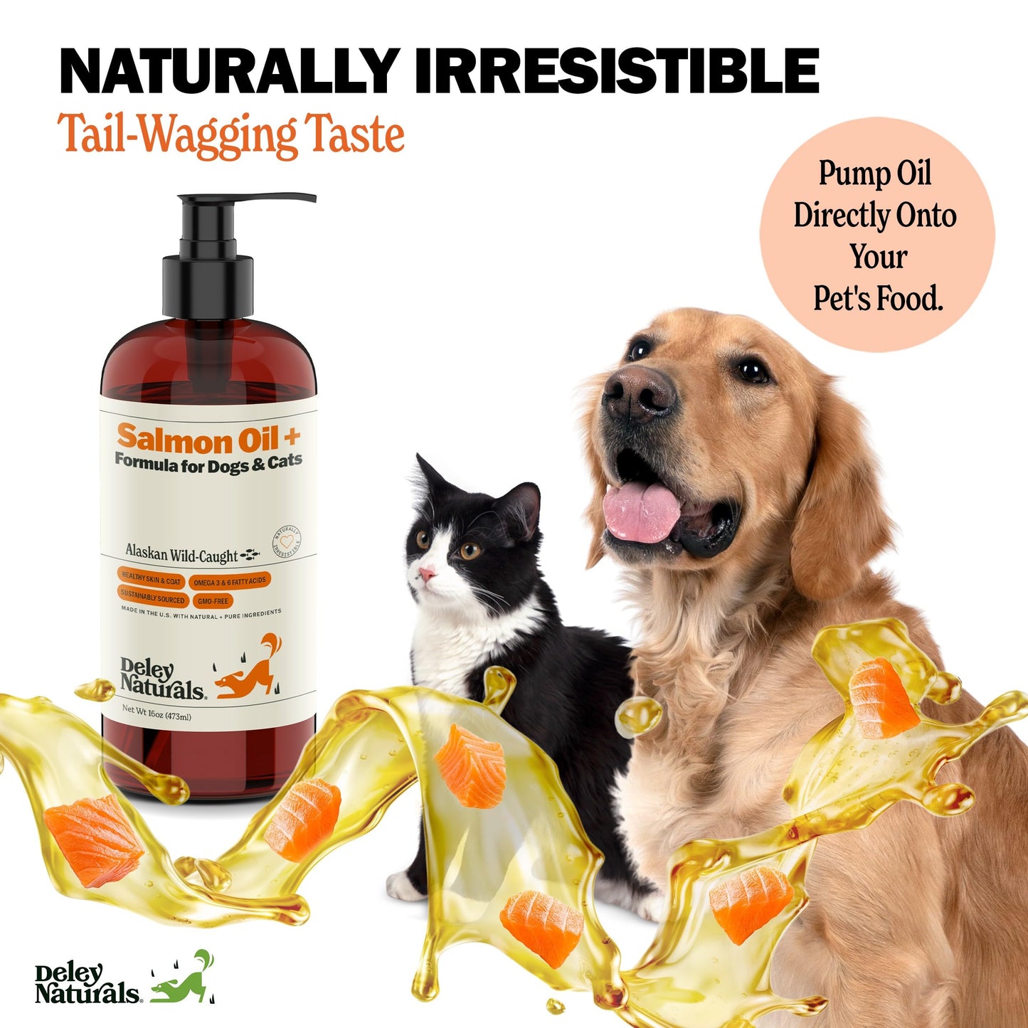 Deley Naturals Wild Alaskan Salmon Oil for Dogs - New & Improved Salmon Oil Plus Formula - Fish Oil for Dogs with DHA EPA Omega 3 & 6 Fatty Acids - Omega 3 Fish Oil for Skin & Coat - 16oz Made in USA