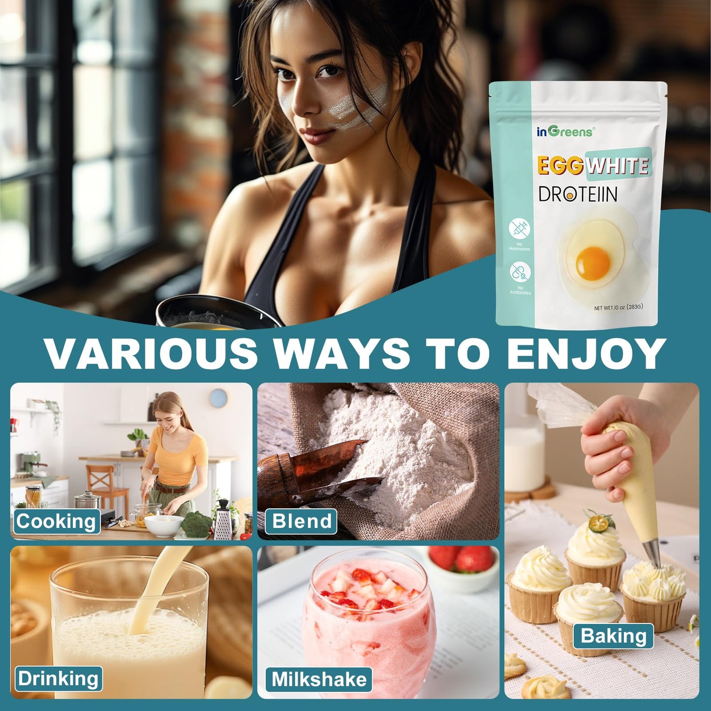 inGreens 283g Egg White Powder | 10 oz Egg White Protein Powder | Made in USA | Gluten-Free | No Antibiotics | Lactose-Free for Baking | Cooking | Desserts