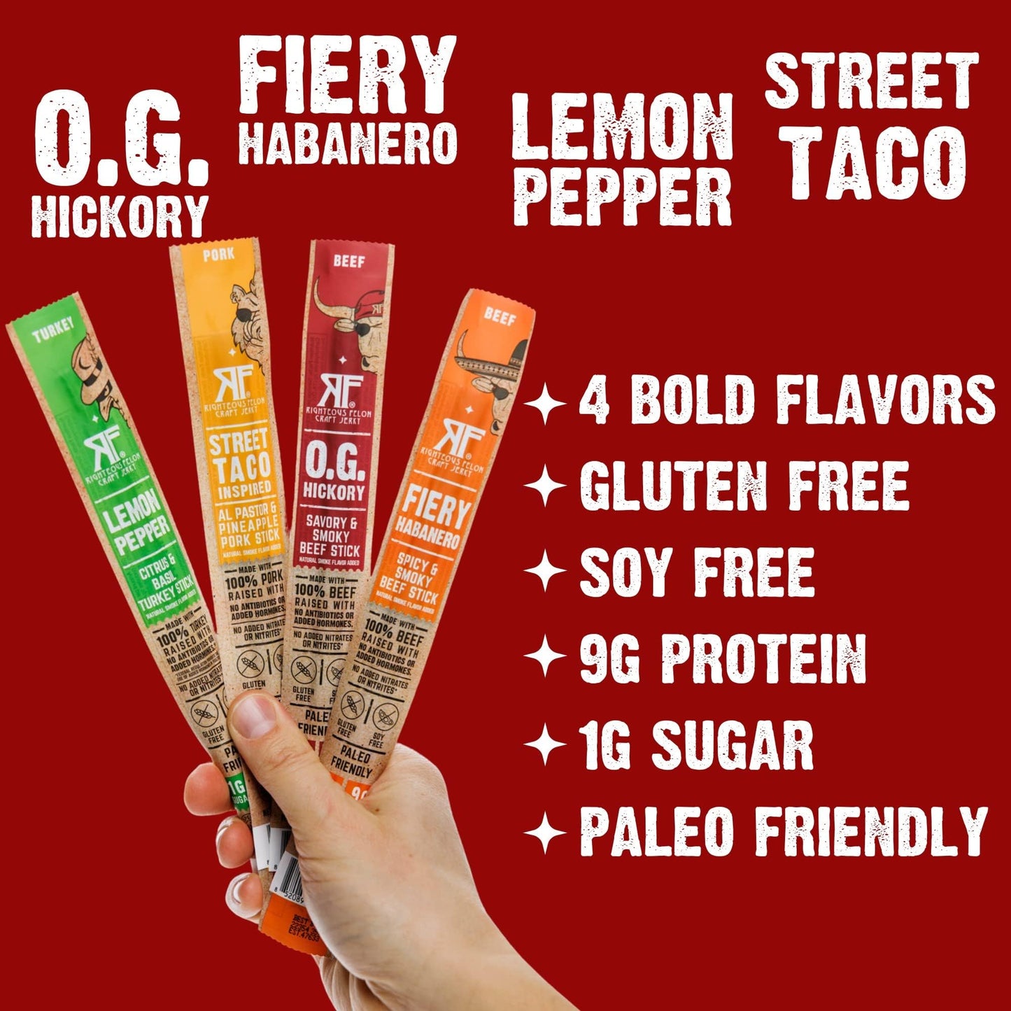 Righteous Felon Meat Sticks Variety Pack | Healthy Snack for Adults | Gluten Free & Keto Meat Sticks | Low Sugar & High Protein Meat Sticks | Turkey, Pork, Beef Sticks | Jerky Gifts for Men | 24 Pack