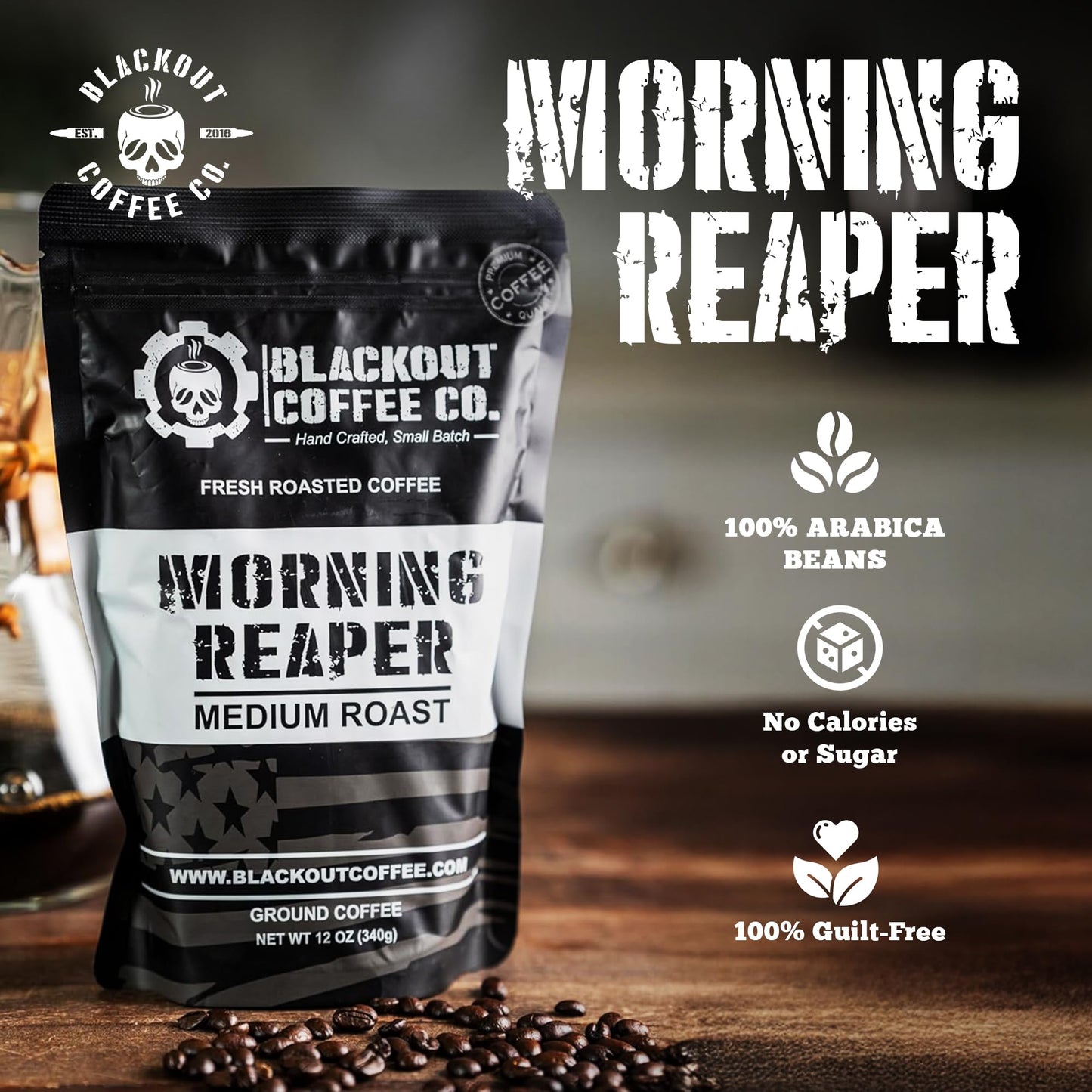 Blackout Coffee Morning Reaper Ground Coffee – Medium Roast, Bold & Strong Flavor – Freshly Roasted 12oz Bag, American Made