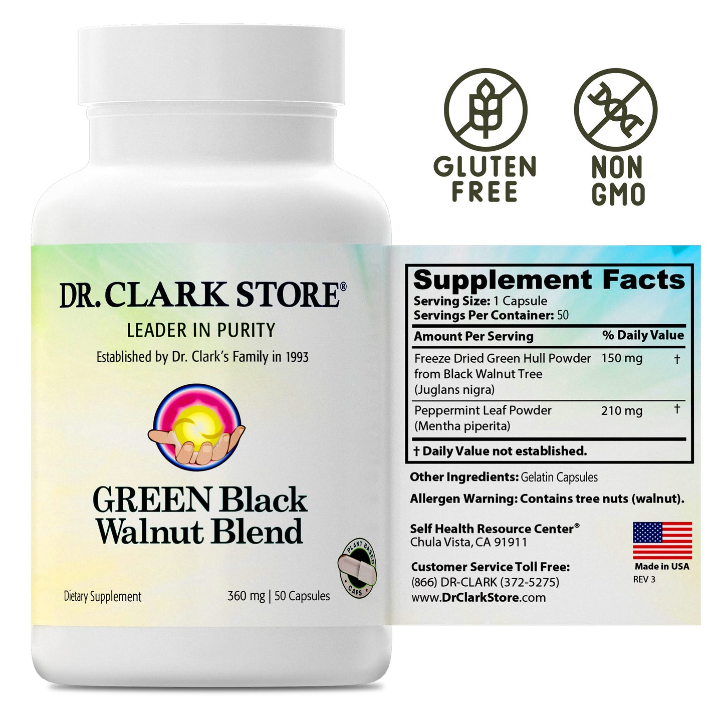 Dr Clark Green Black Walnut Blend - Freeze Dried Hull Dietary Supplement, Extra Strength Formula from All Natural Walnuts, Supports Healthy Intestinal Environment, 360mg, 50 Gelatin Capsules