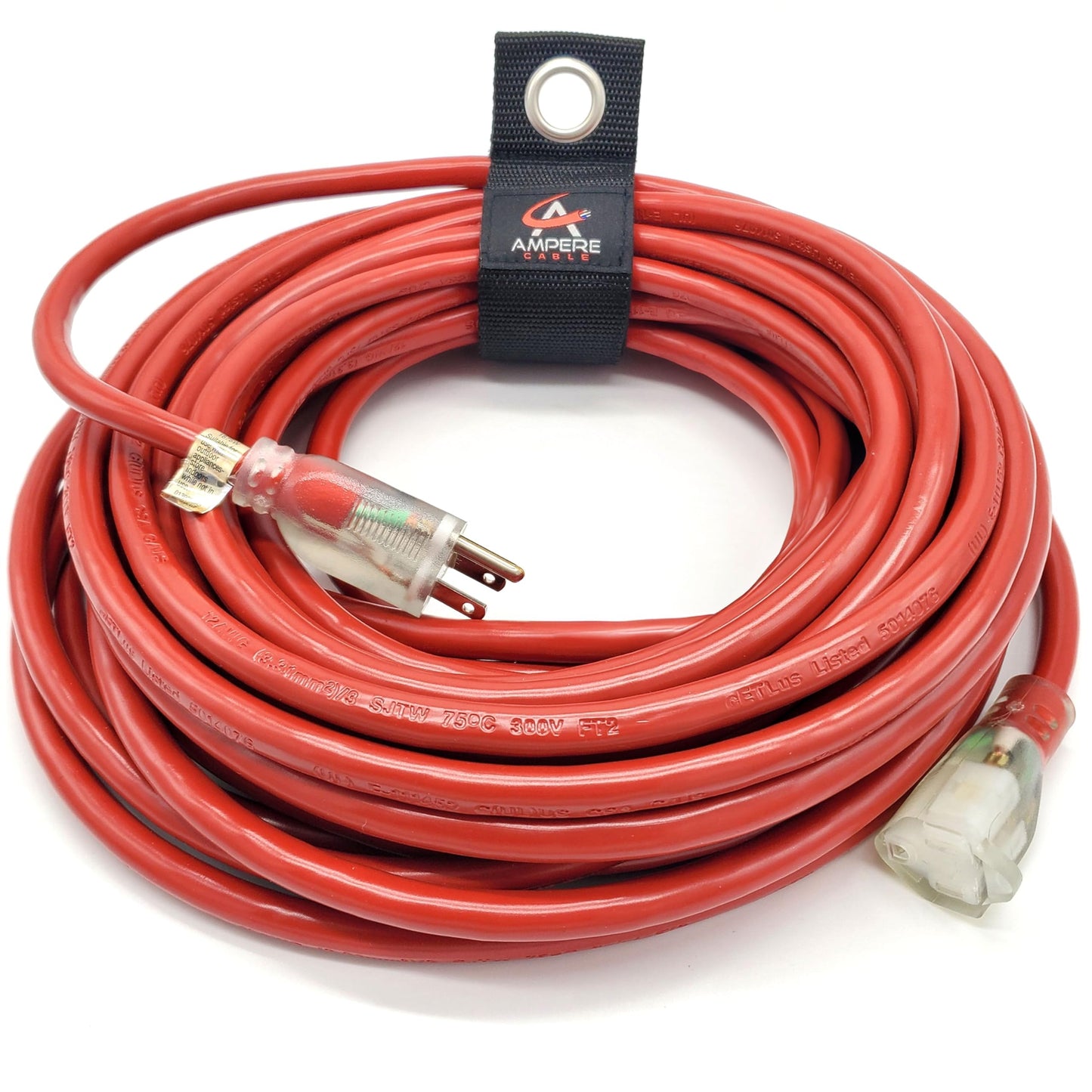 100 ft - 14 Gauge Extension Cord Outdoor - Made in USA - Lighted on Both Ends - Red Outdoor Extension Cord Waterproof by Anthem Cable - Heavy Duty Extension Cord