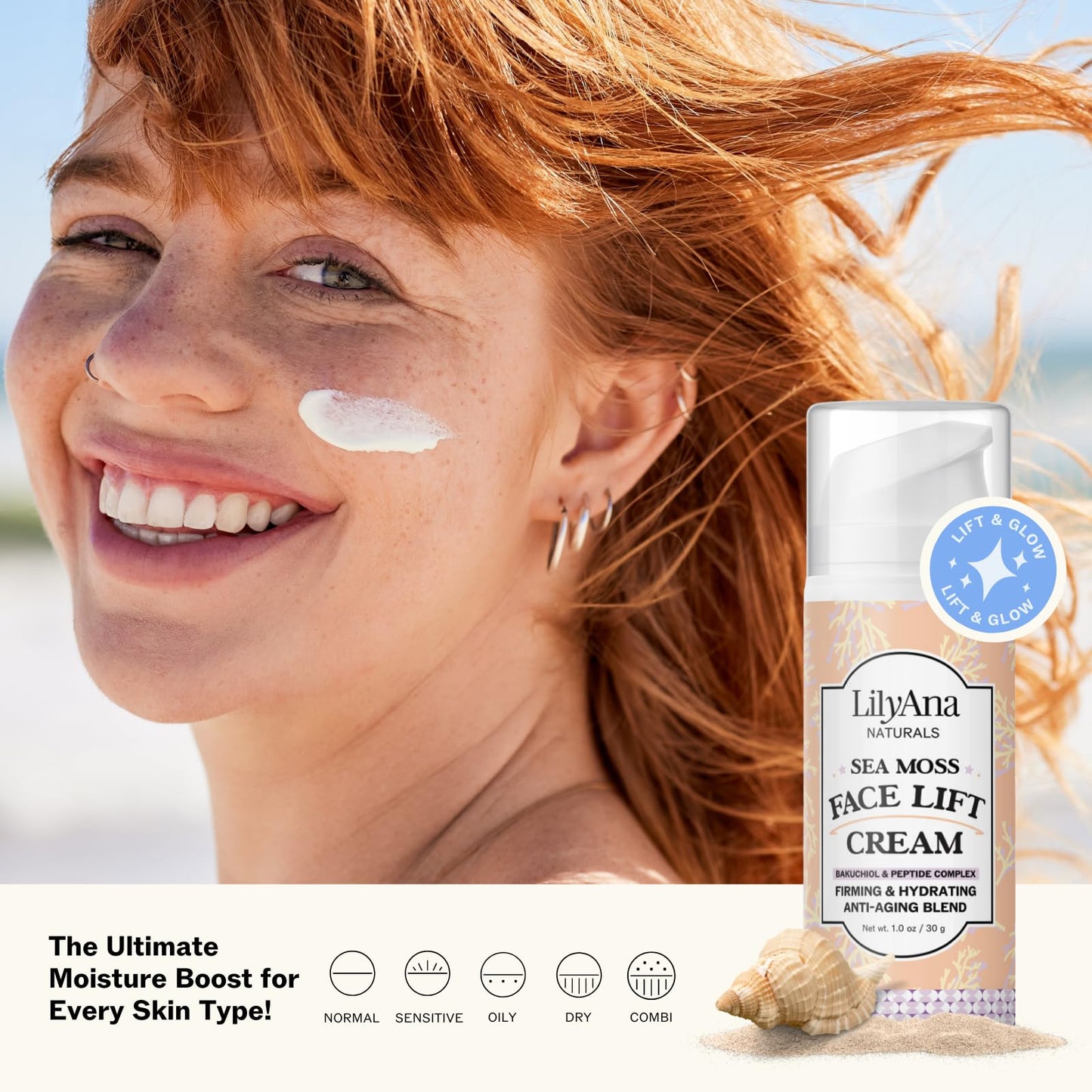 LilyAna Naturals Bakuchiol Face Lift Cream with Sea Moss and Peptide Complex - Face Cream for Women - Moisturizing and Lifting Facial Cream - Anti-Aging Overnight Moisturizer - Made in the USA