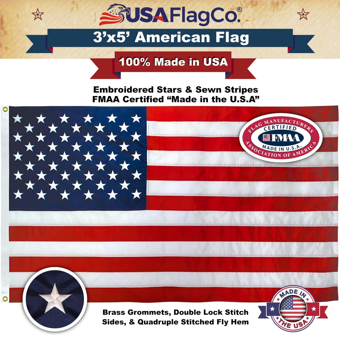 American Flags for Outside 3x5 - USA Flag Co. American Flag 3x5 Heavy Duty Outdoor Made in USA with Embroidered Stars and Sewn Stripes, This US Flag is an American Made Flag