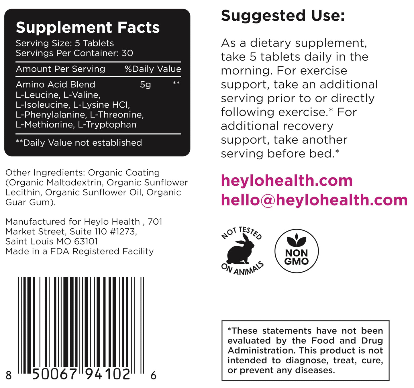 Heylo Amino+ Acid Supplement Blend - Essential Amino Acids with BCAAs for Muscle Recovery, Energy, and Protein Synthesis | Healthy Skin & Joints - Vegan, Non-GMO, 150 Tablets