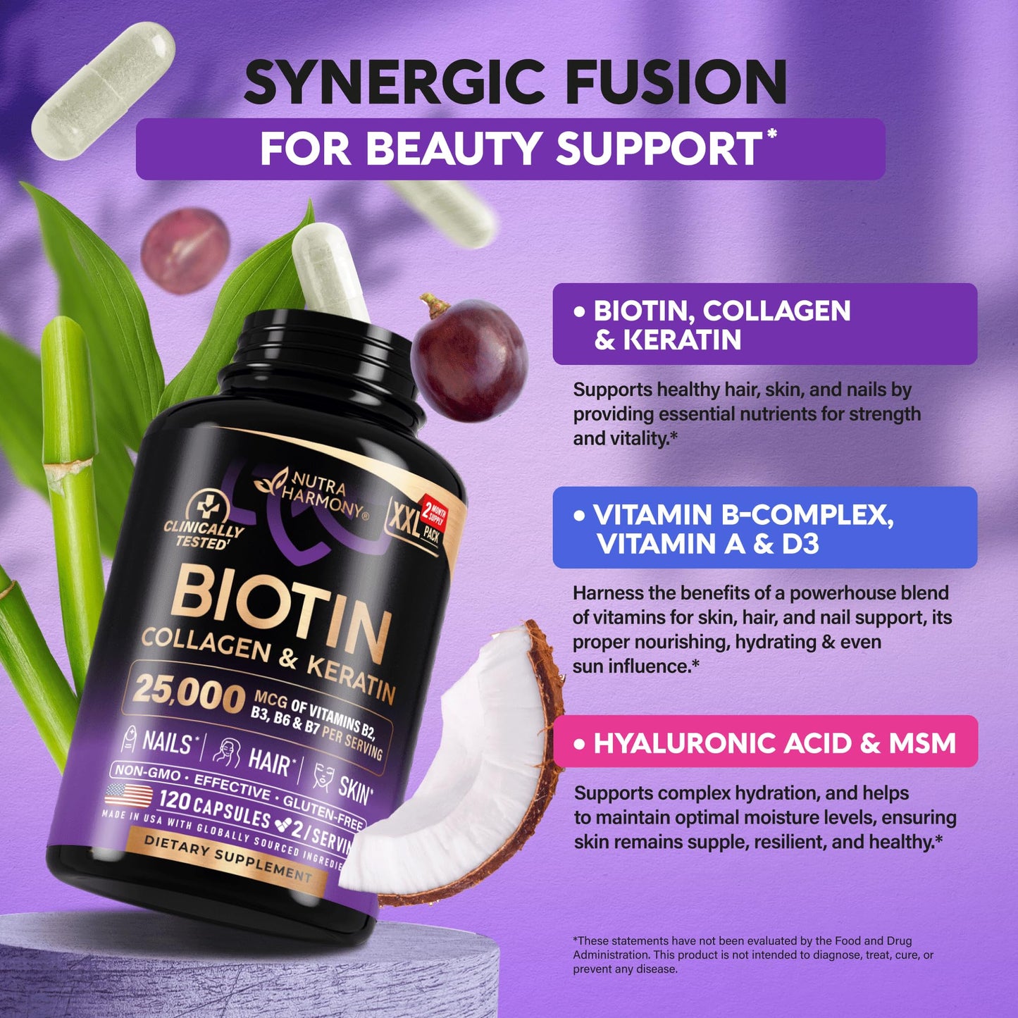 Biotin | Collagen | Keratin - Clinically Tested Supplement - Hair Growth Support, Skin & Nails - 25000 mcg Vitamins B2, B3, B6 & B7 + B1 & Hyaluronic Acid - Made in USA - Women & Men | 120 Capsules