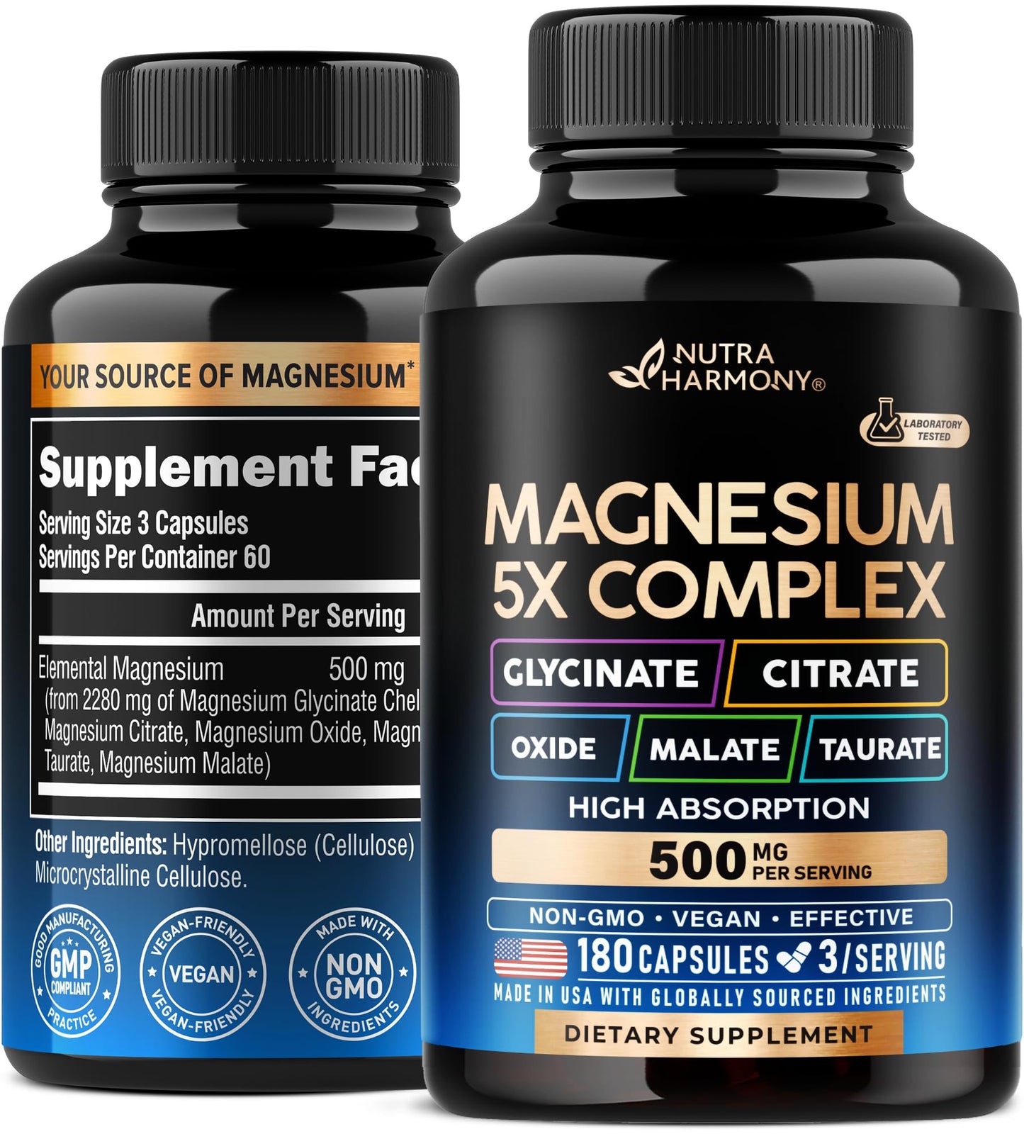 Magnesium Supplement - 5 in 1 Complex | Glycinate | Citrate | Malate | Taurate | Oxide - Made in USA - Stress, Muscle & Heart Support - Vegan, Natural, Non-GMO - 180 Capsules, 2 Month Supply