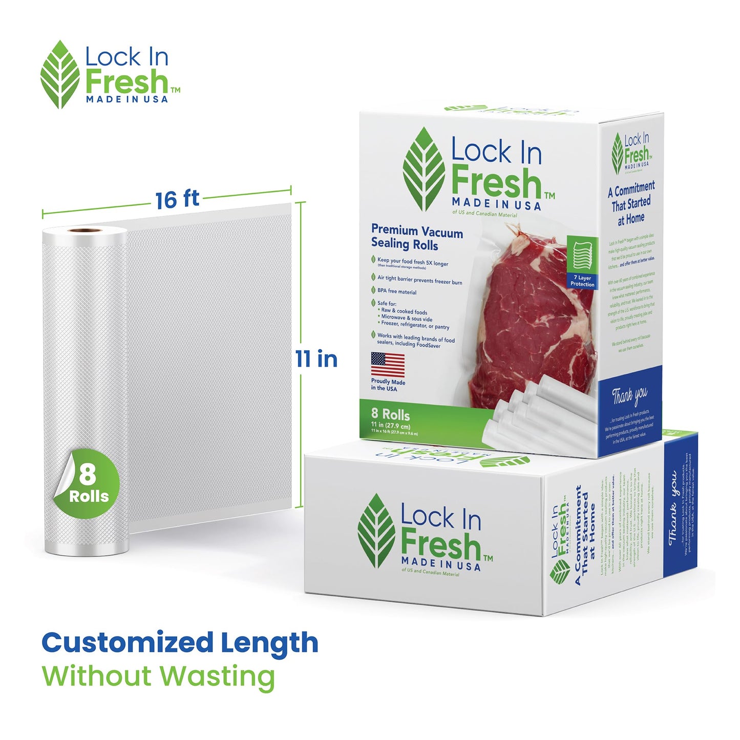 Lock In Fresh Vacuum Sealer Bags for Food - Heavy Duty Food Saver Vacuum Sealer Bag Rolls - Sous Vide, Seal a Meal Bags, 8-pack, 11" x 16' - Made in the USA