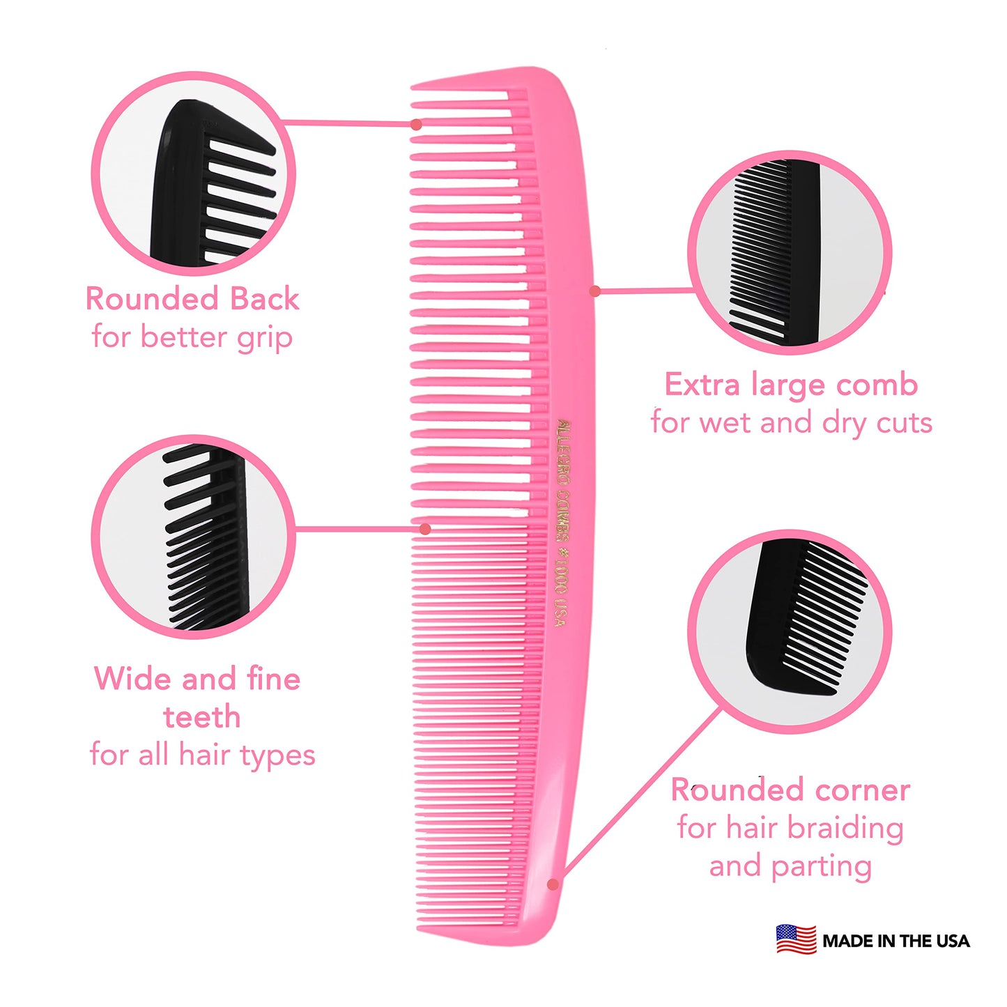 Allegro Combs 1000 X-Large Styling Comb Hair Cutting Barber Stylist Shampoo Combs All Purpose Wide And Fine Tooth Made In The USA 2 Pc. (Light Pink)
