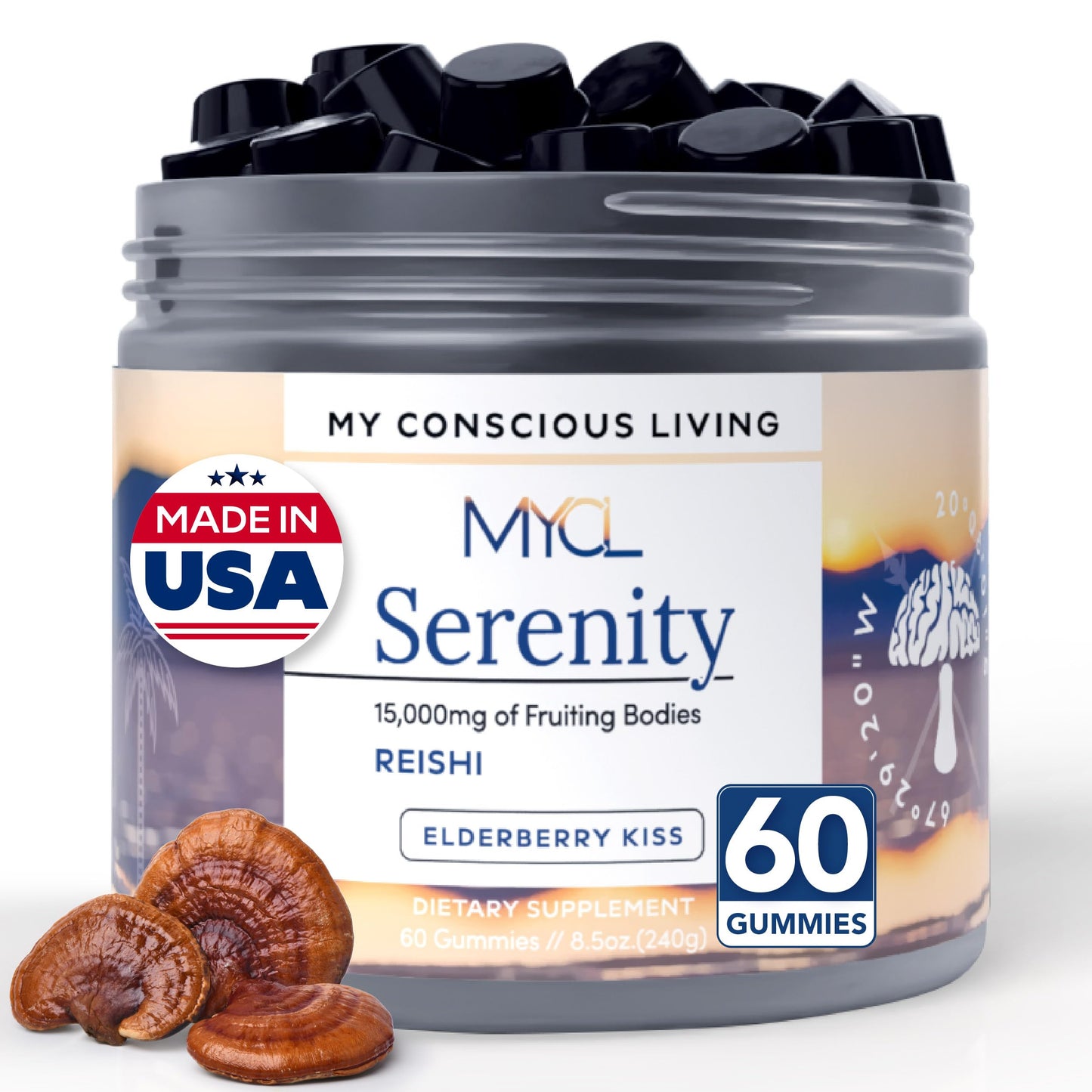 MYCL Serenity Reishi Mushroom Gummies for Adults - 500mg Whole Fruiting Body Extract - Sleep Gummies for Adults and Kids - Vegan, Gluten-Free - Stress Relief, Relaxation - Elderberry Kiss, 60 Count