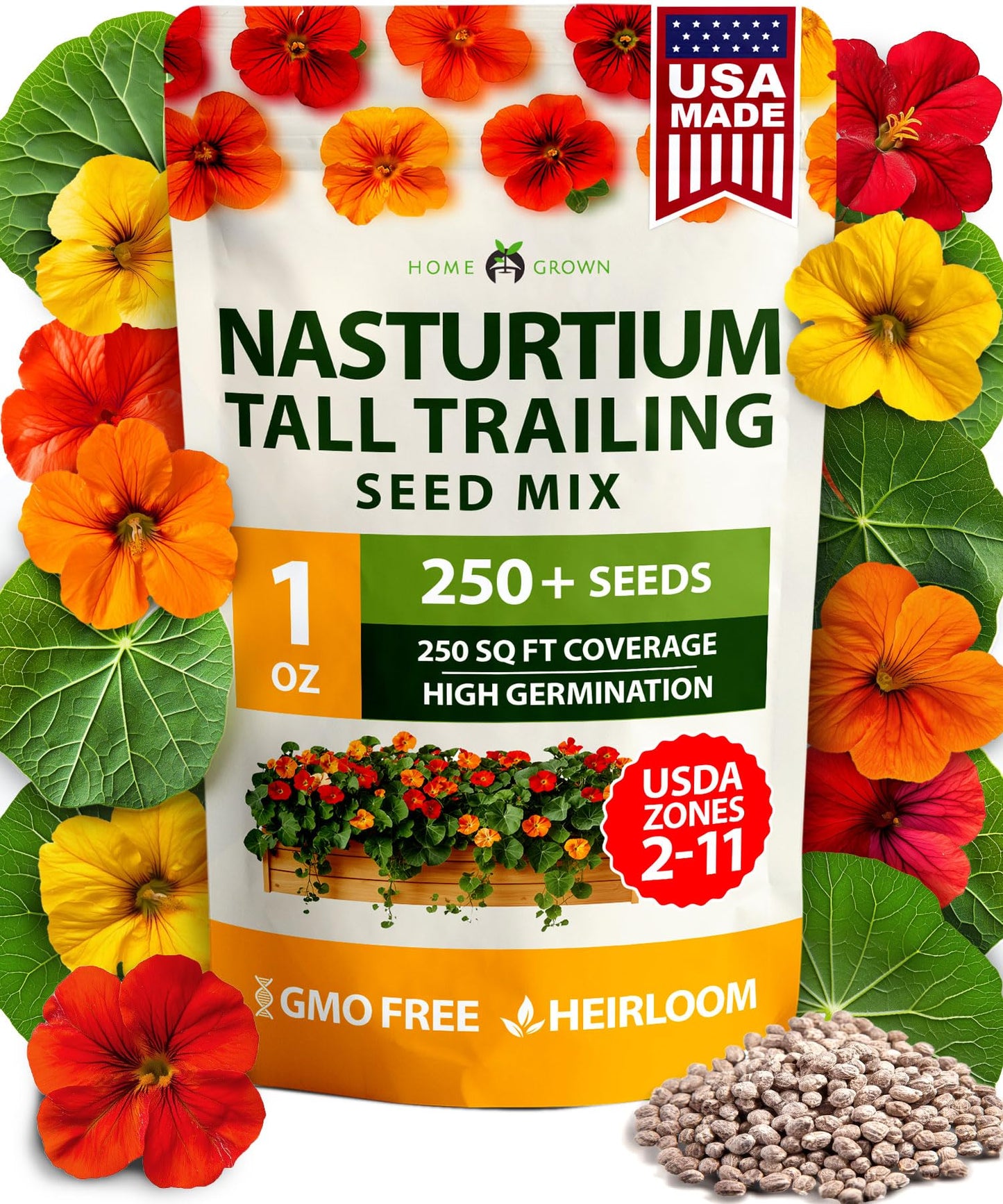 HOME GROWN Nasturtium Seeds Dwarf Tall Trailing Mix –250+ Edible Flower Seeds for Planting Outdoors – Fast Germination, Low-Maintenance Climbing & Trailing Nasturtium (Tropaeolum majus)