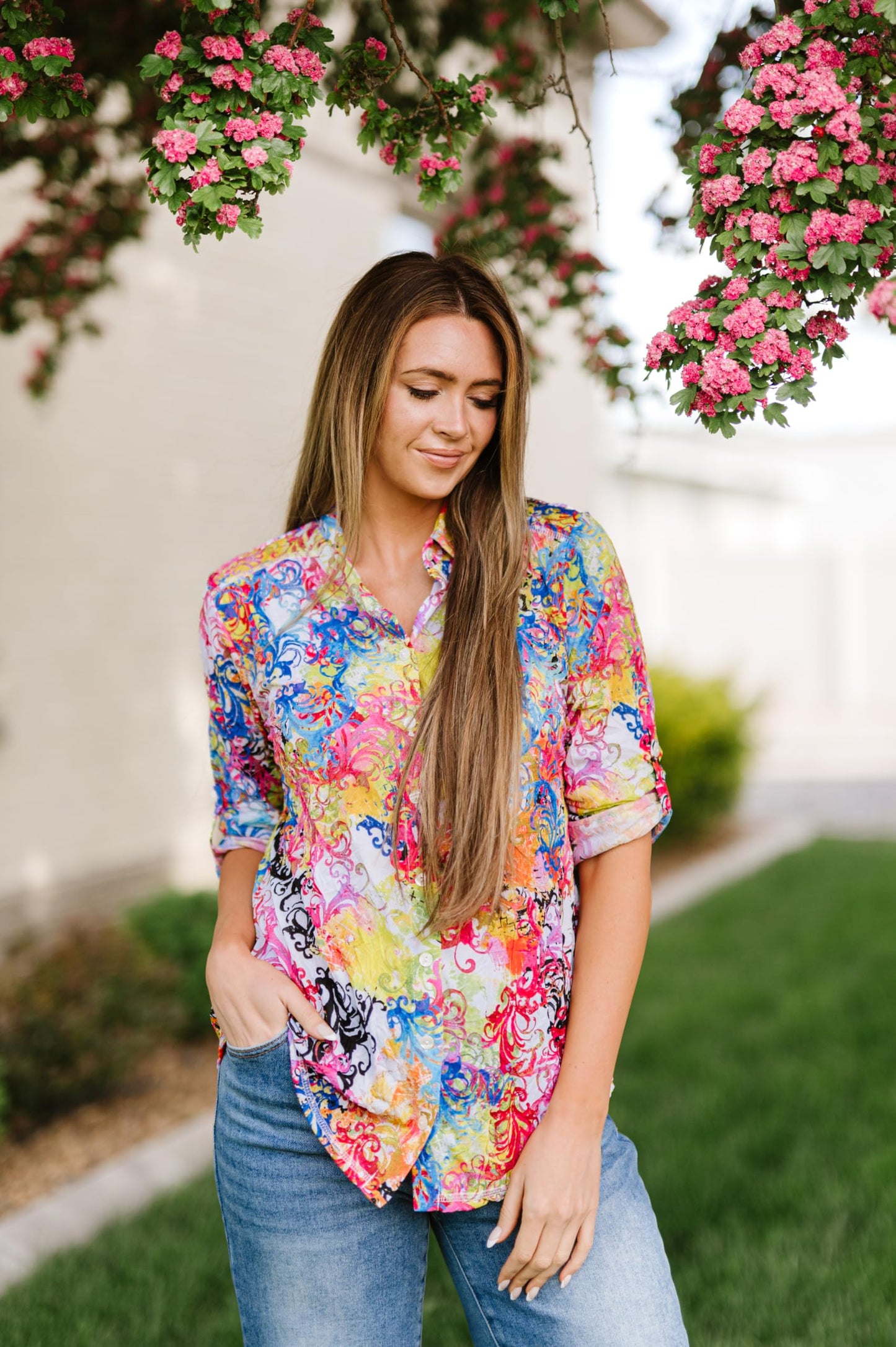 SNO SKINS Spring/Summer Collection Designer Print Crinkle Button-Down Shirt (Antiquity)